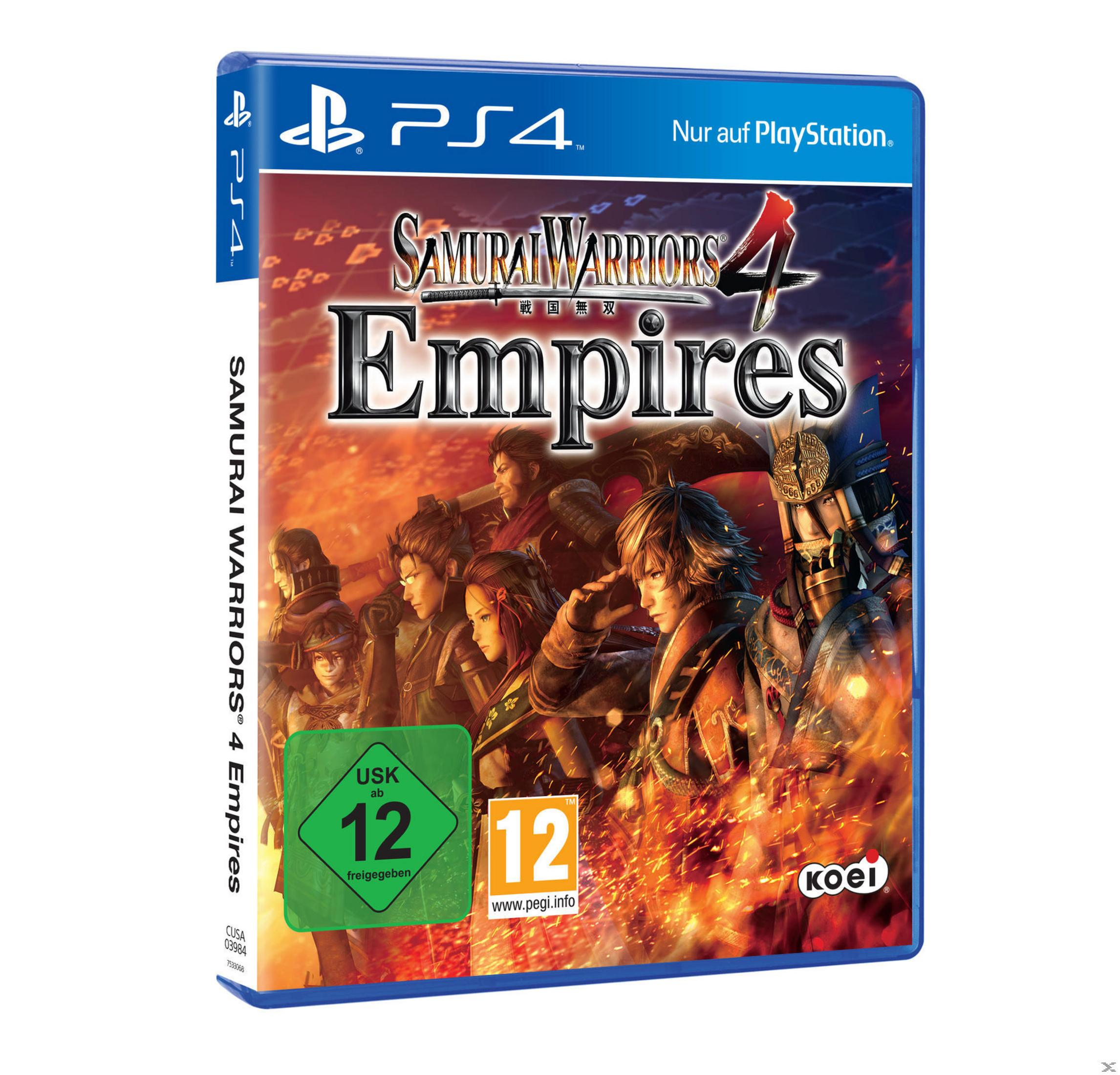 Eine PS4-Spielbox mit dem Titel Samurai Warriors 4 Empires. Das Cover zeigt mehrere Charaktere.