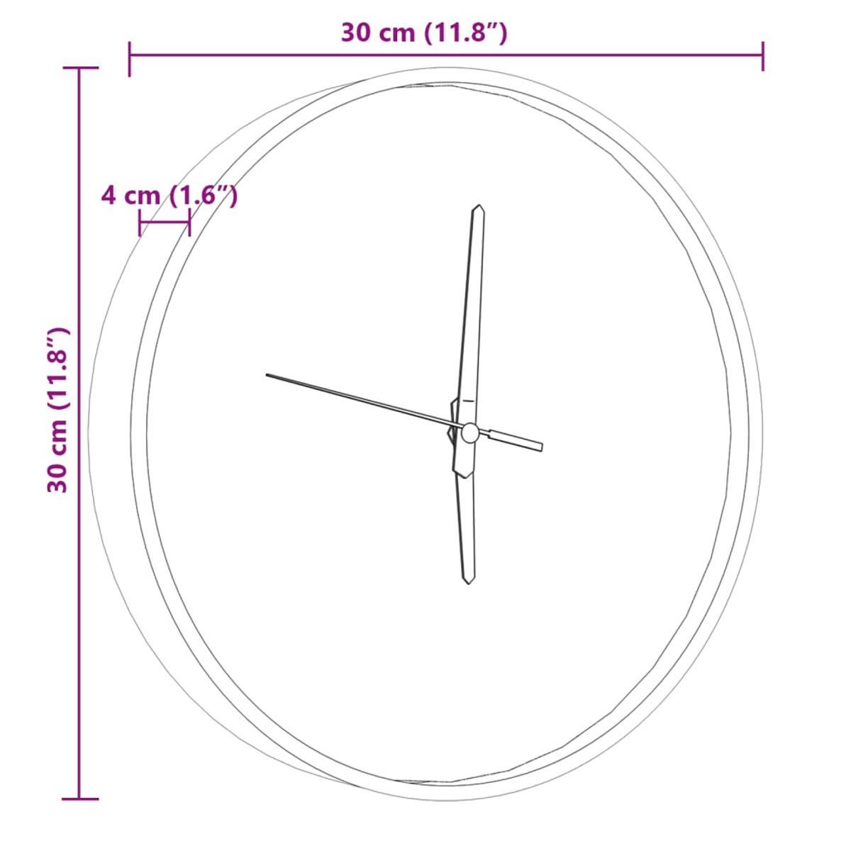 Eine runde Uhr mit Messungen. Die Zeiger sind schwarz. Der Hintergrund ist weiß.