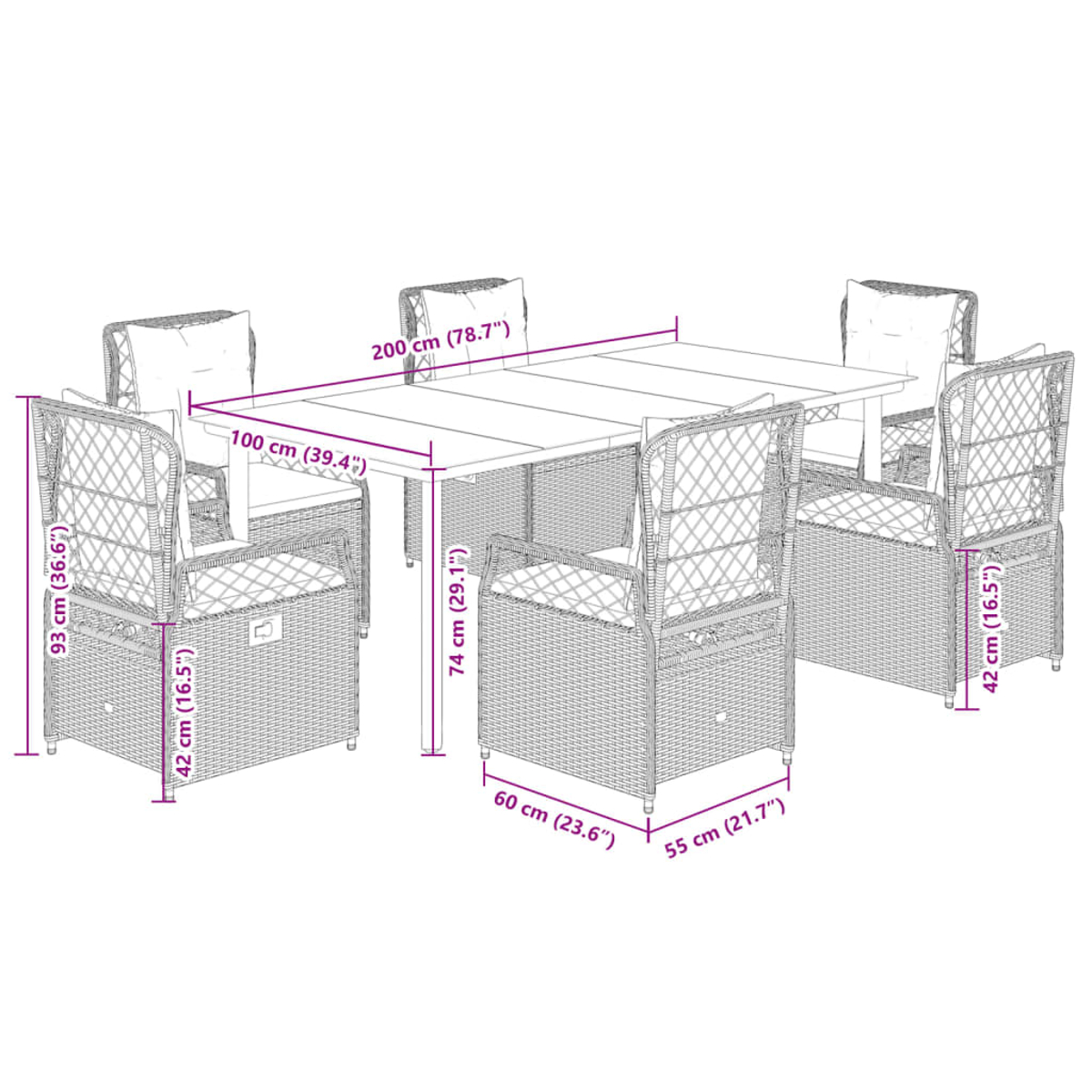 Ein Rattan-Terrassen-Ess-Set mit Tisch und Stühlen ist abgebildet. Abmessungen sind angegeben. Der Hintergrund ist weiß.