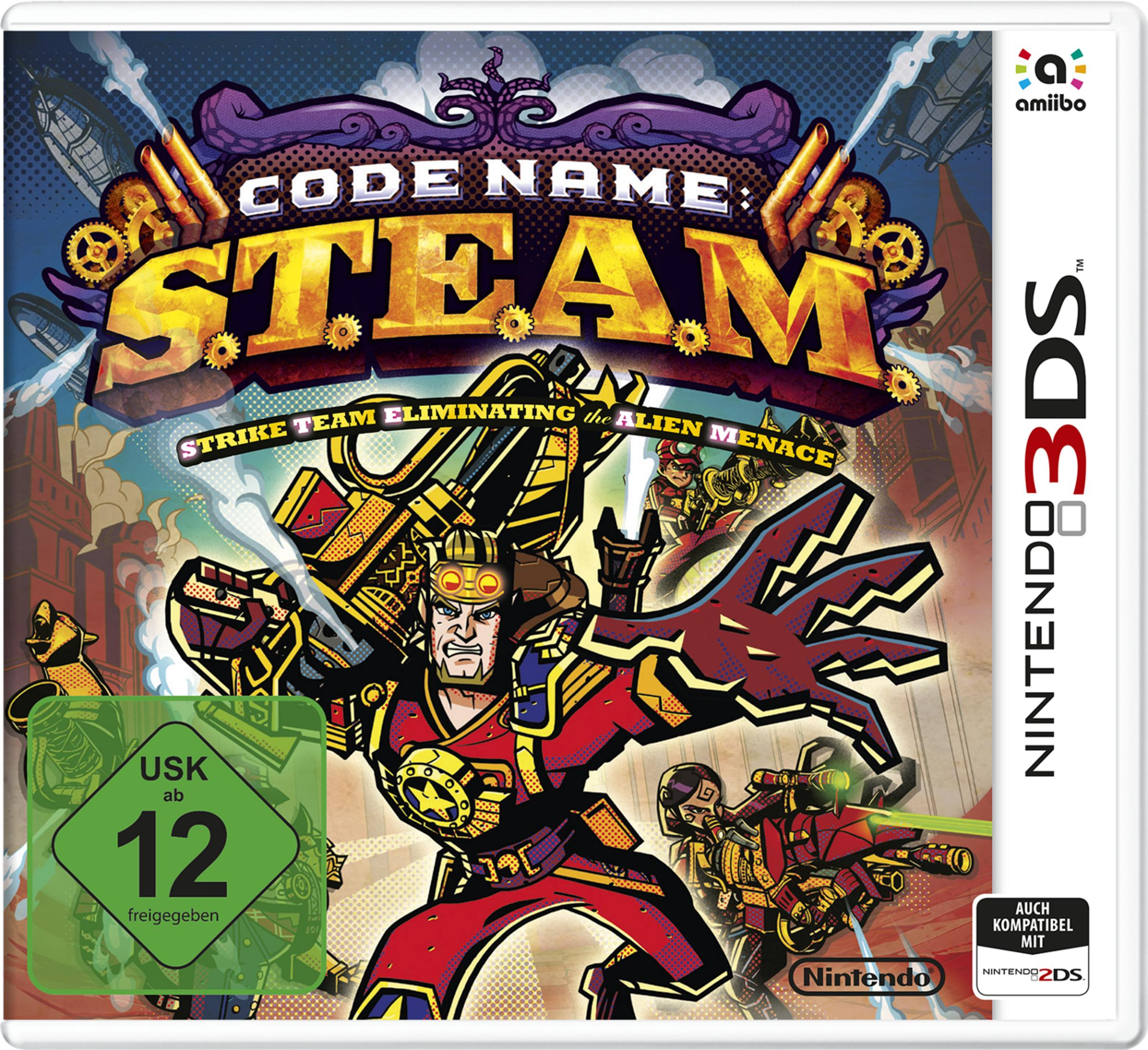 Spielcover für Code Name: STEAM auf Nintendo 3DS. Enthält einen Charakter, der mit einer Laserpistole schießt.