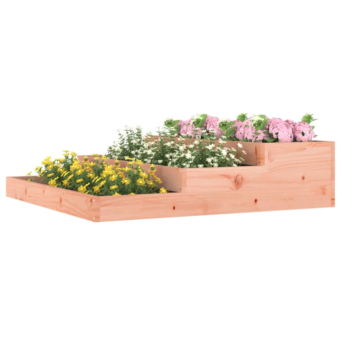 Mehrstufiger Holz-Pflanzkasten mit Blumen, verschiedene Farben, vor weißem Hintergrund.