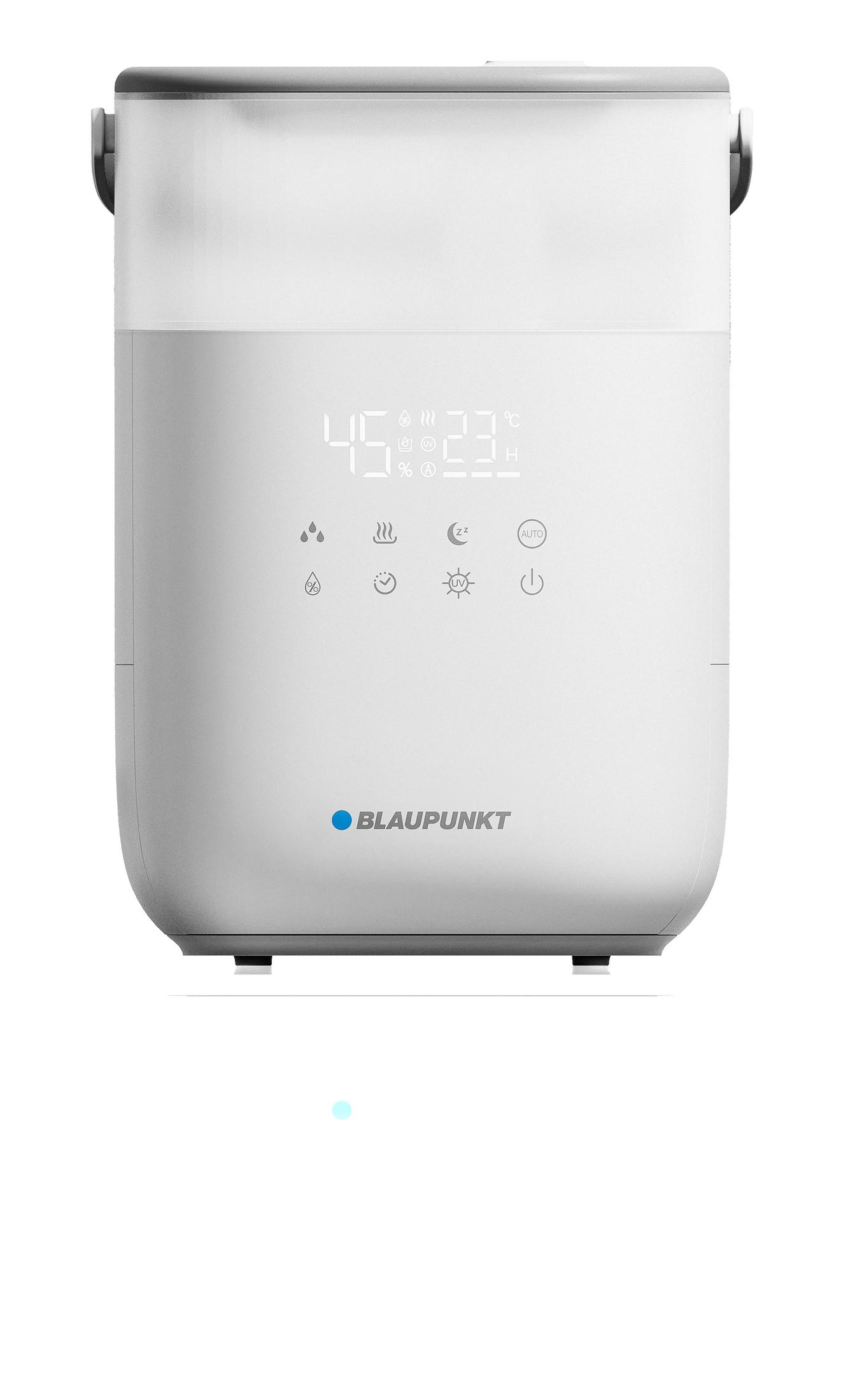 Weißer Blaupunkt Luftbefeuchter. Digitalanzeige zeigt Temperatur und Luftfeuchtigkeit.