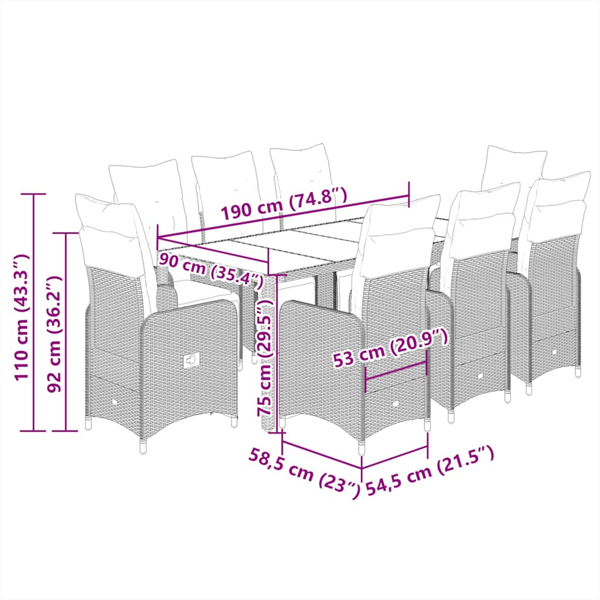 Set patio in vimini con tavolo e sedie. Le dimensioni sono fornite. Sfondo bianco.