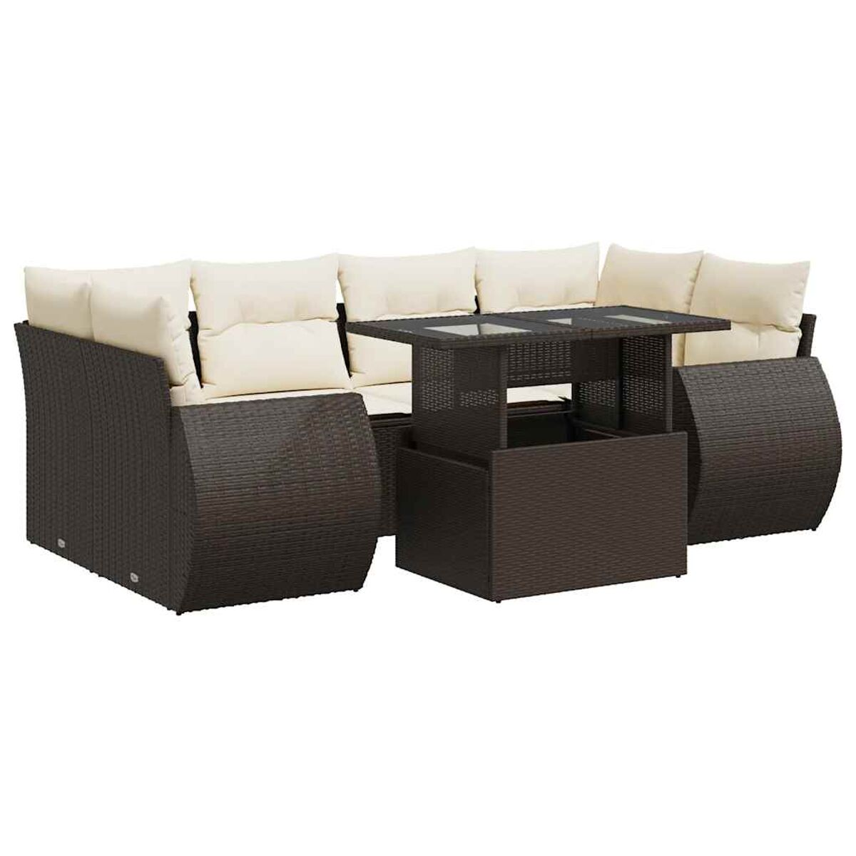 Divano componibile da esterno in vimini marrone con tavolo sollevabile. Cuscini e cuscini beige visibili.