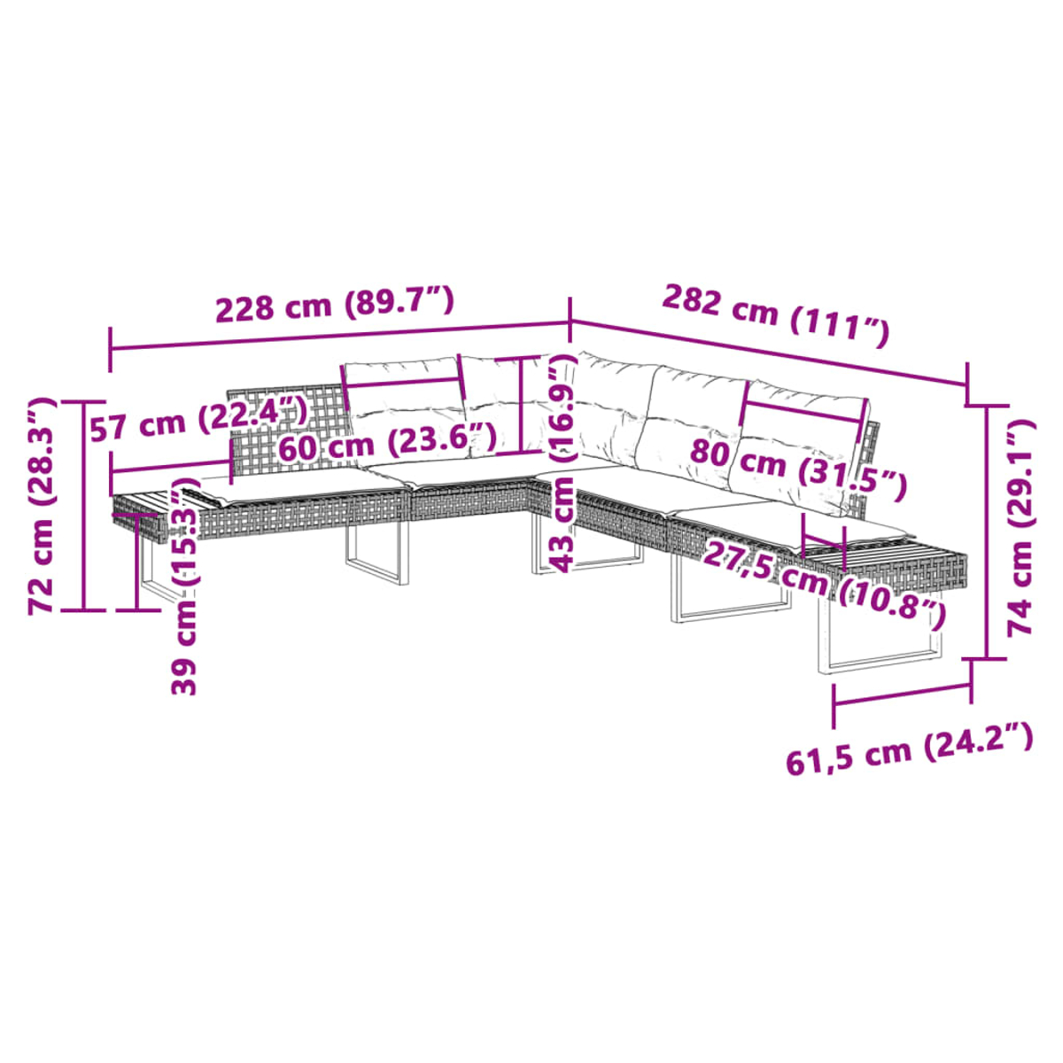 Un diagramma di un set di mobili da patio. Il set è composto da più pezzi con descrizioni delle dimensioni in cm.