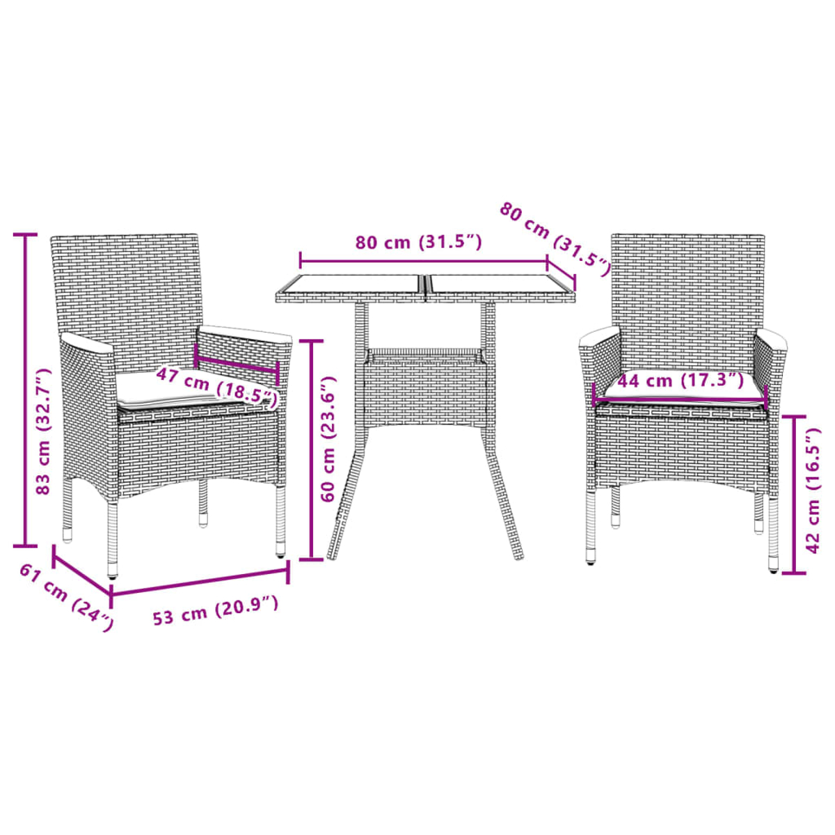 Zwei Stühle und ein Tisch mit Maßen in cm. Outdoor-Möbel im Korbstil.