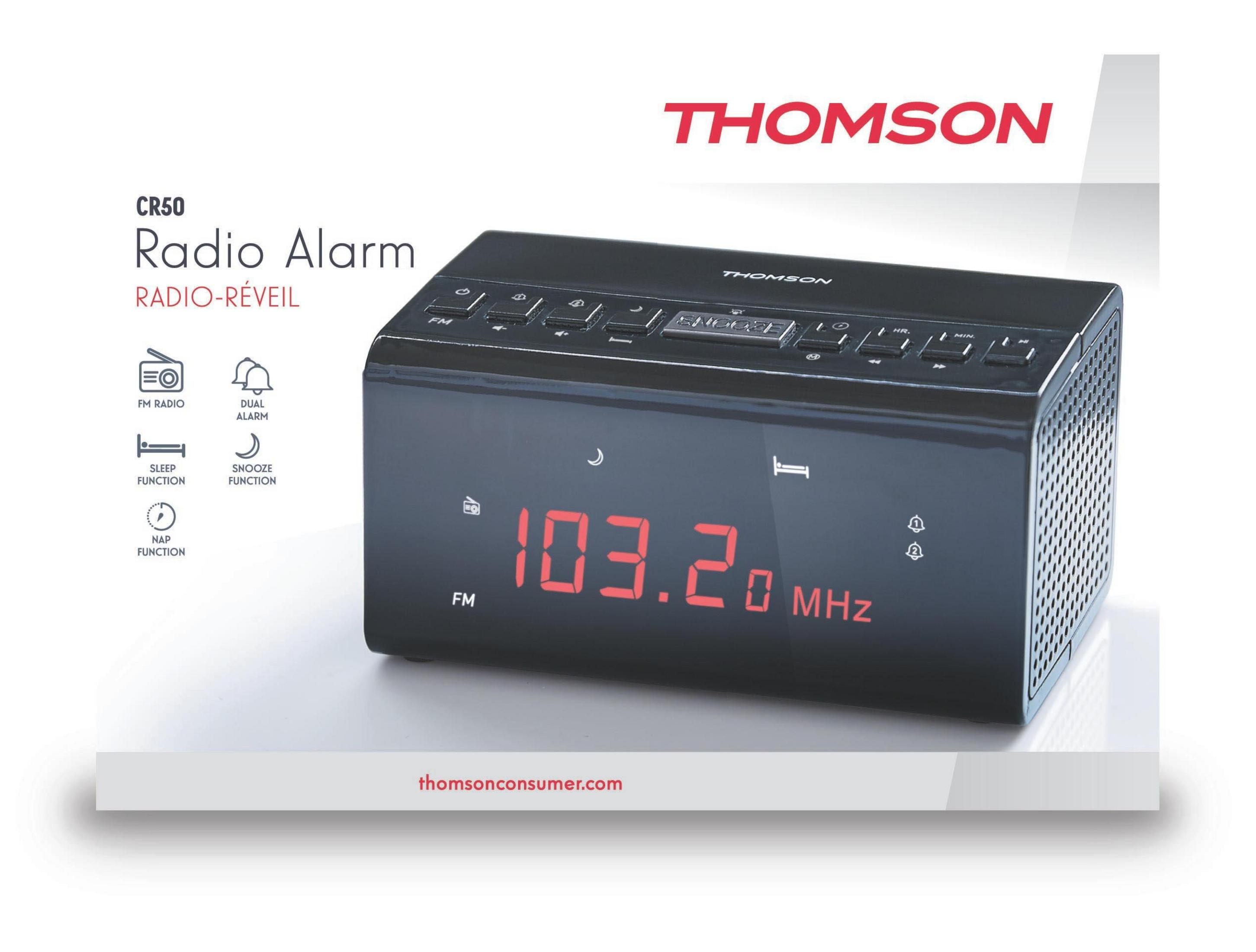 Czarny radiobudzik z czerwonym wyświetlaczem cyfrowym i białym tłem.