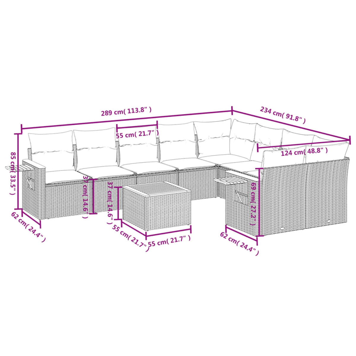 Un set di divani in rattan da esterno con dimensioni. Il set include un divano, un divano angolare e un tavolo.