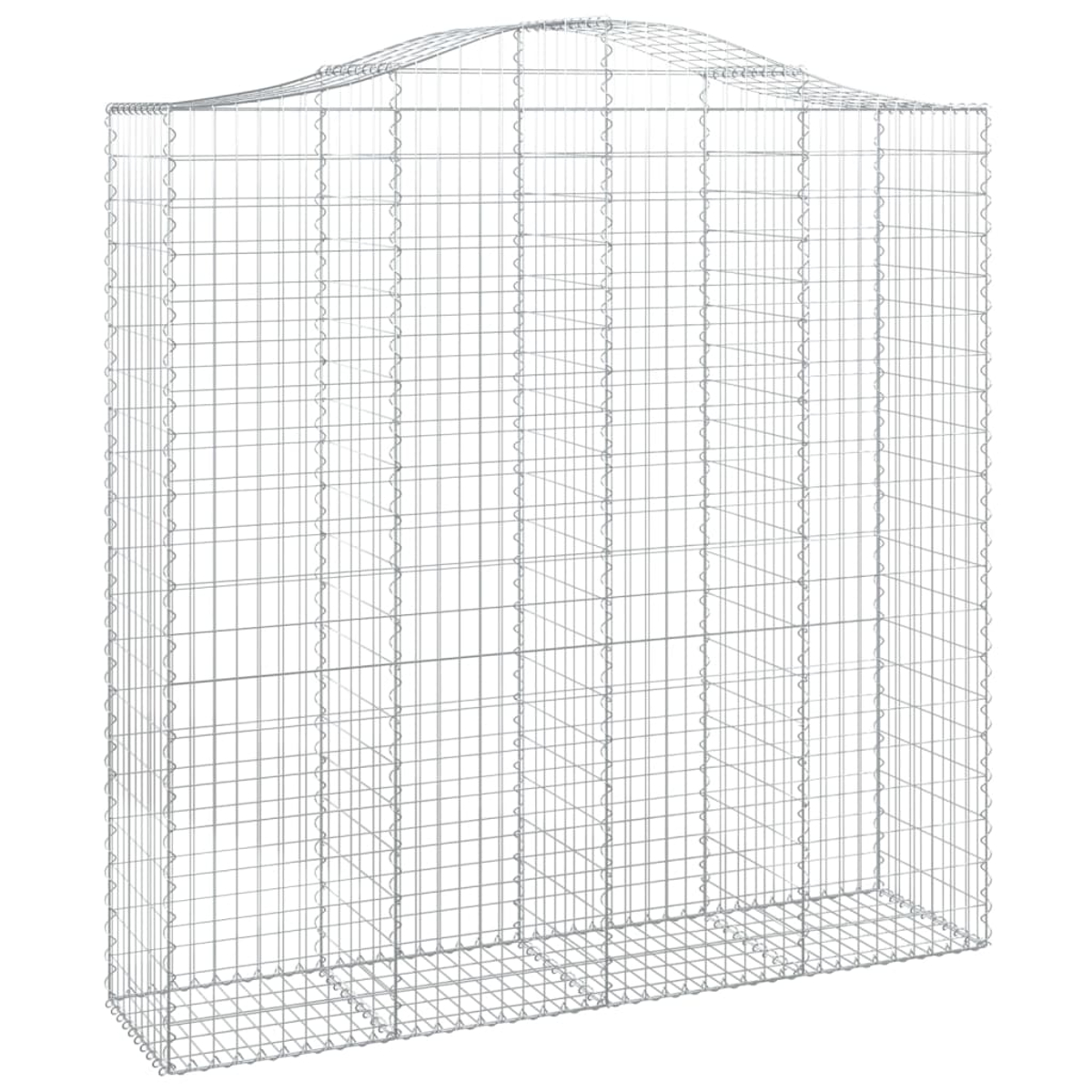 Eine silberne Gabionenwand. Es ist eine rechteckige Struktur aus Drahtgeflecht. Weißer Hintergrund.