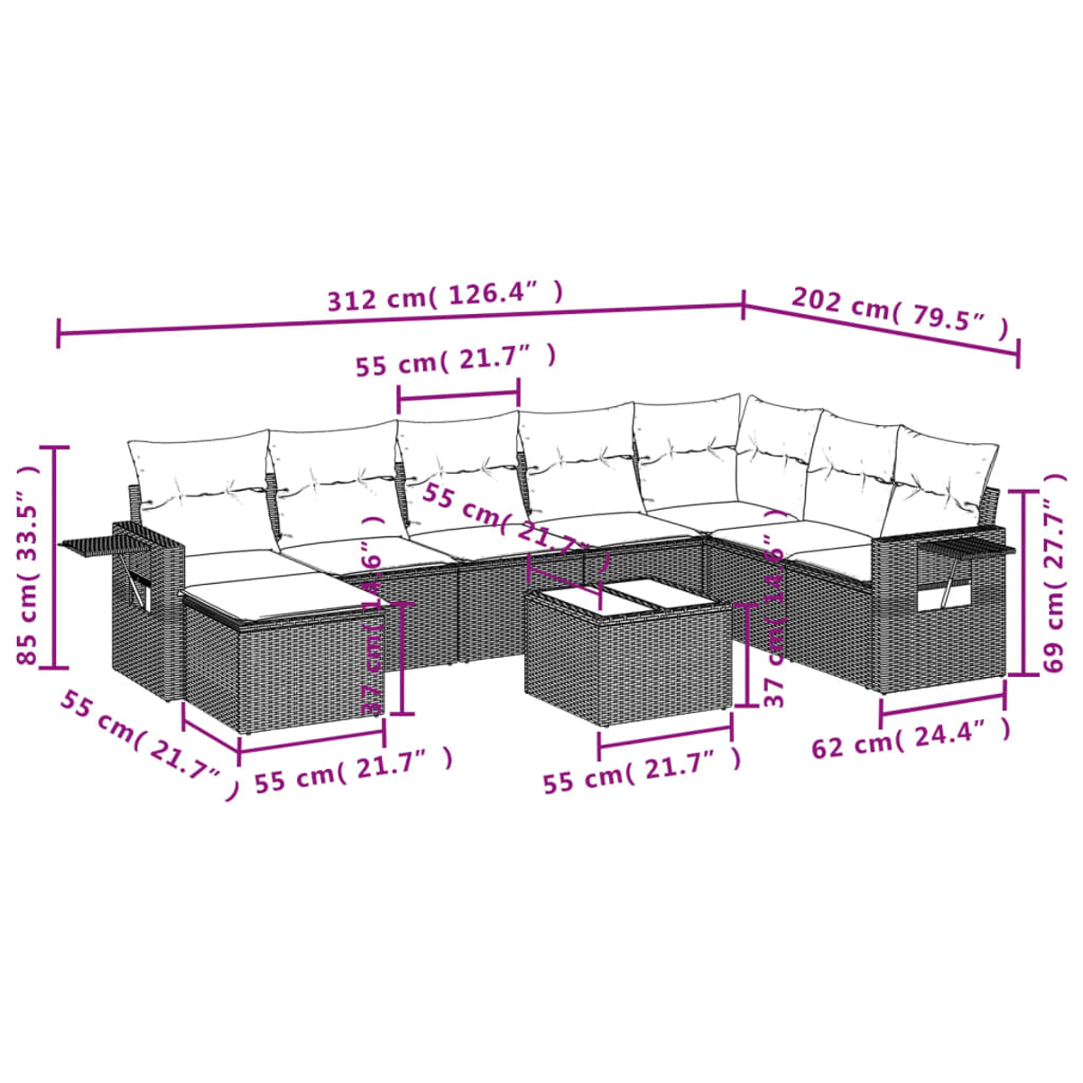 Gartenmöbel-Set: großes Sofa, passender Couchtisch. Gewebtes, dunkelbraunes Korbgeflecht, Maße gezeigt.