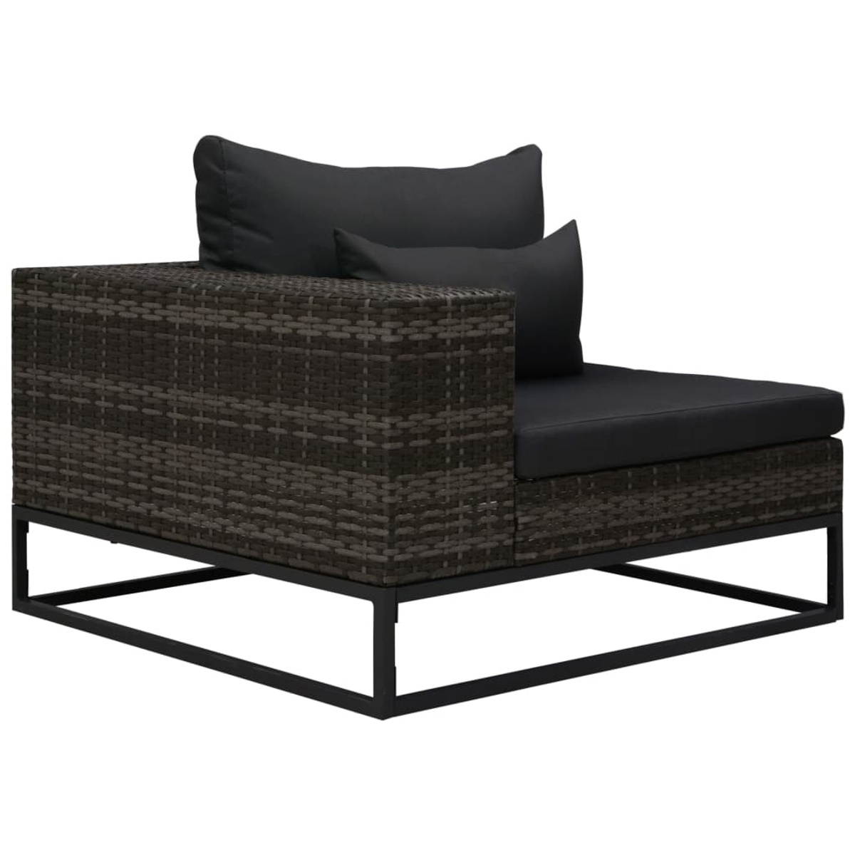 Outdoor-Ecksofa. Dunkelbraunes Korbgeflecht, schwarze Kissen. Modernes Design. Abmessungen angegeben.