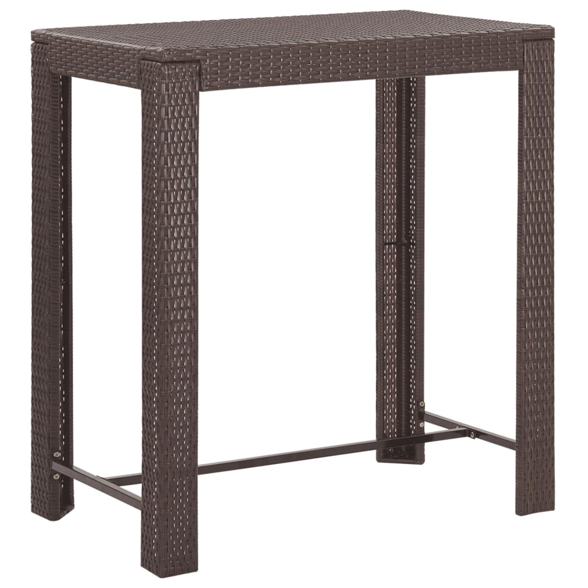 Brauner Bartisch aus Korbgeflecht. Er hat eine rechteckige Tischplatte und eine Fußstütze.