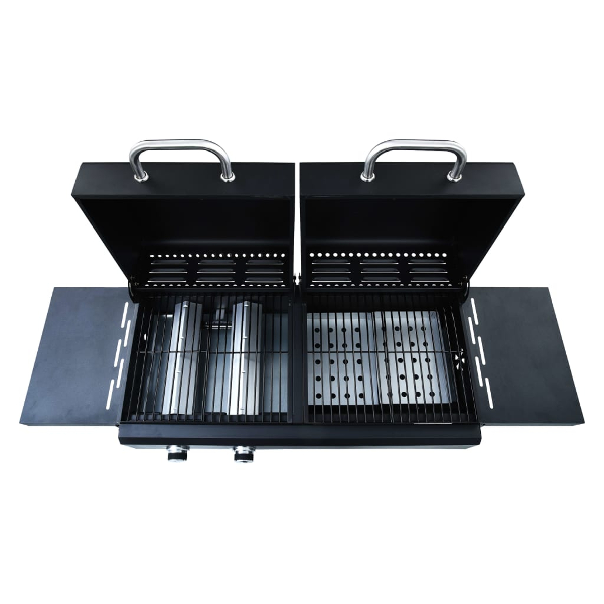 Schwarzer Gasgrill mit zwei offenen Deckeln, zeigt Brenner und Grillroste. Weißer Hintergrund.