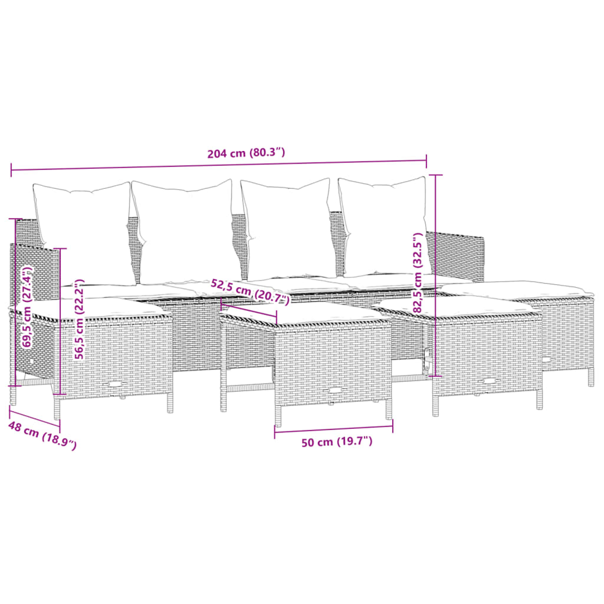 Geflochtenes Sofaset mit Maßen, mit weißen Kissen, auf weißem Hintergrund.