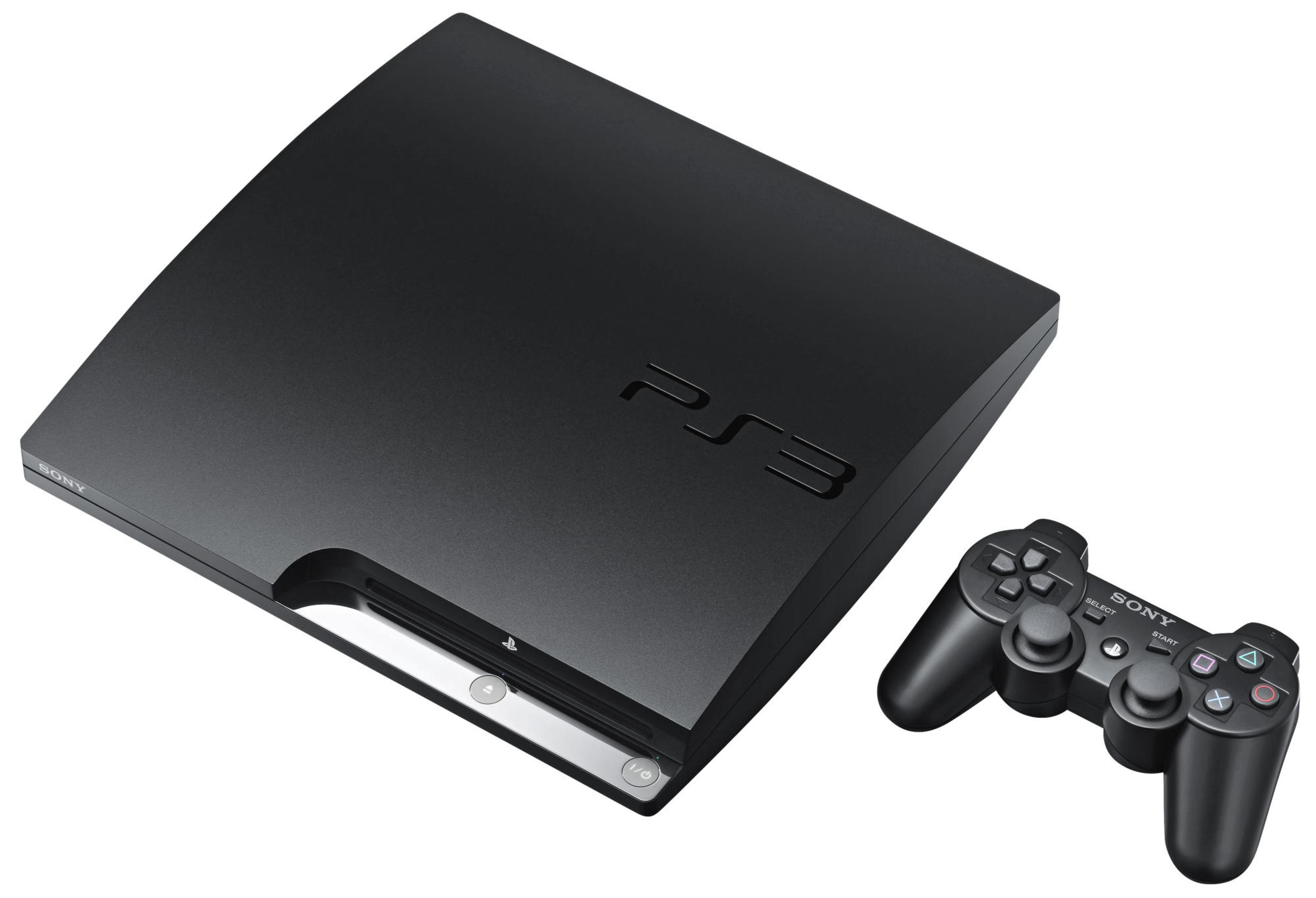 Schwarze PS3-Konsole und Controller auf weißem Hintergrund.
