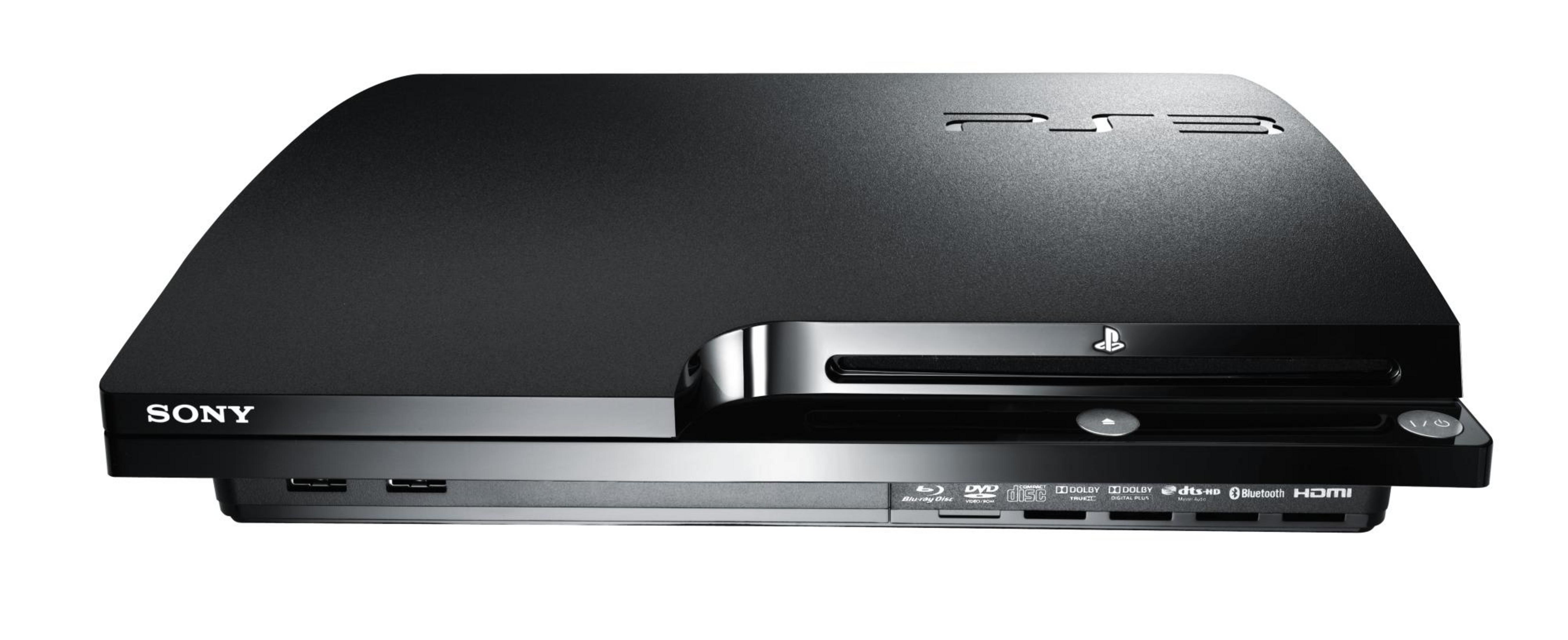 Schwarze PS3-Konsole auf weißem Hintergrund.