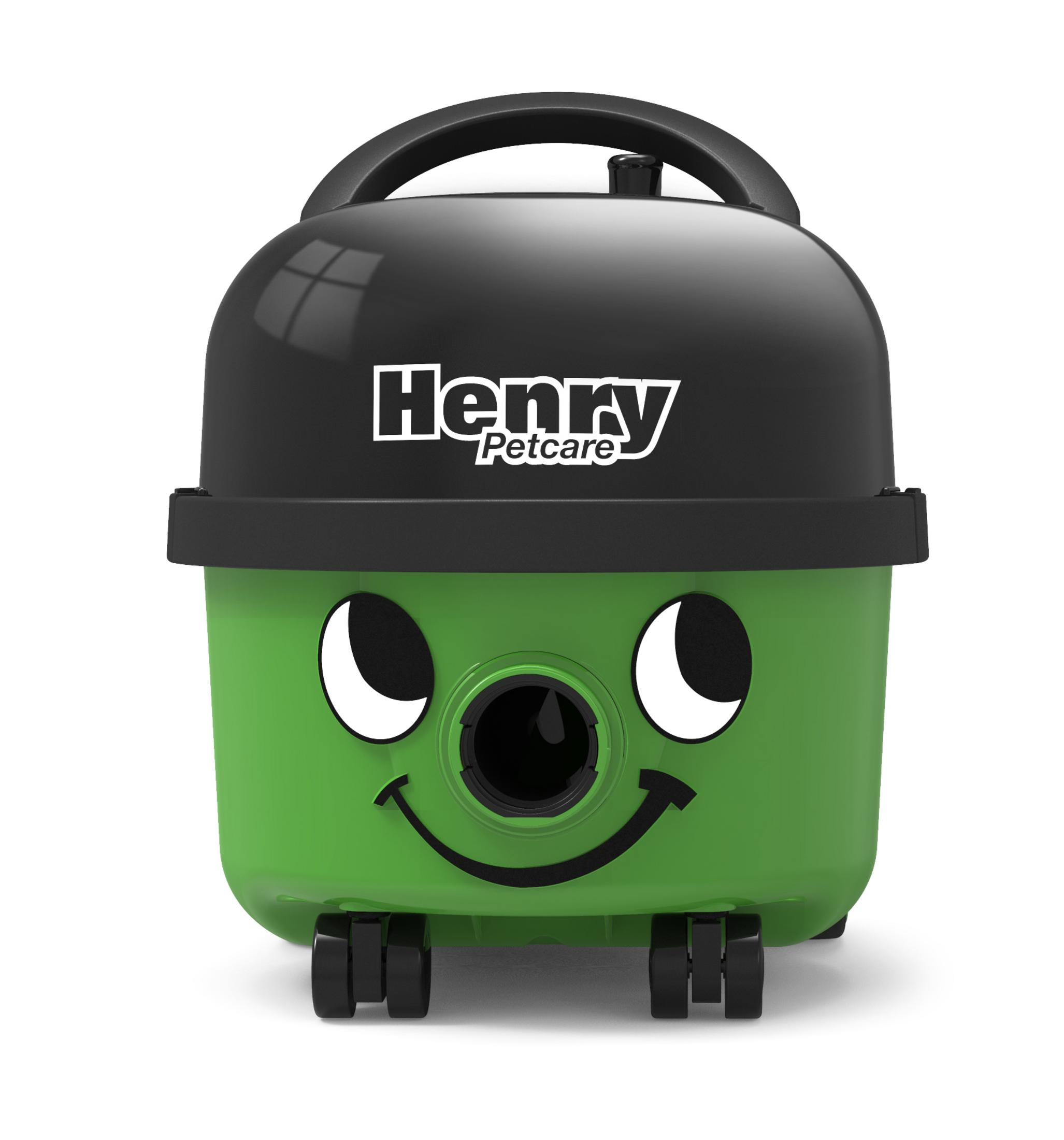 Zielony odkurzacz Henry Petcare z czarnym topem, na białym tle.