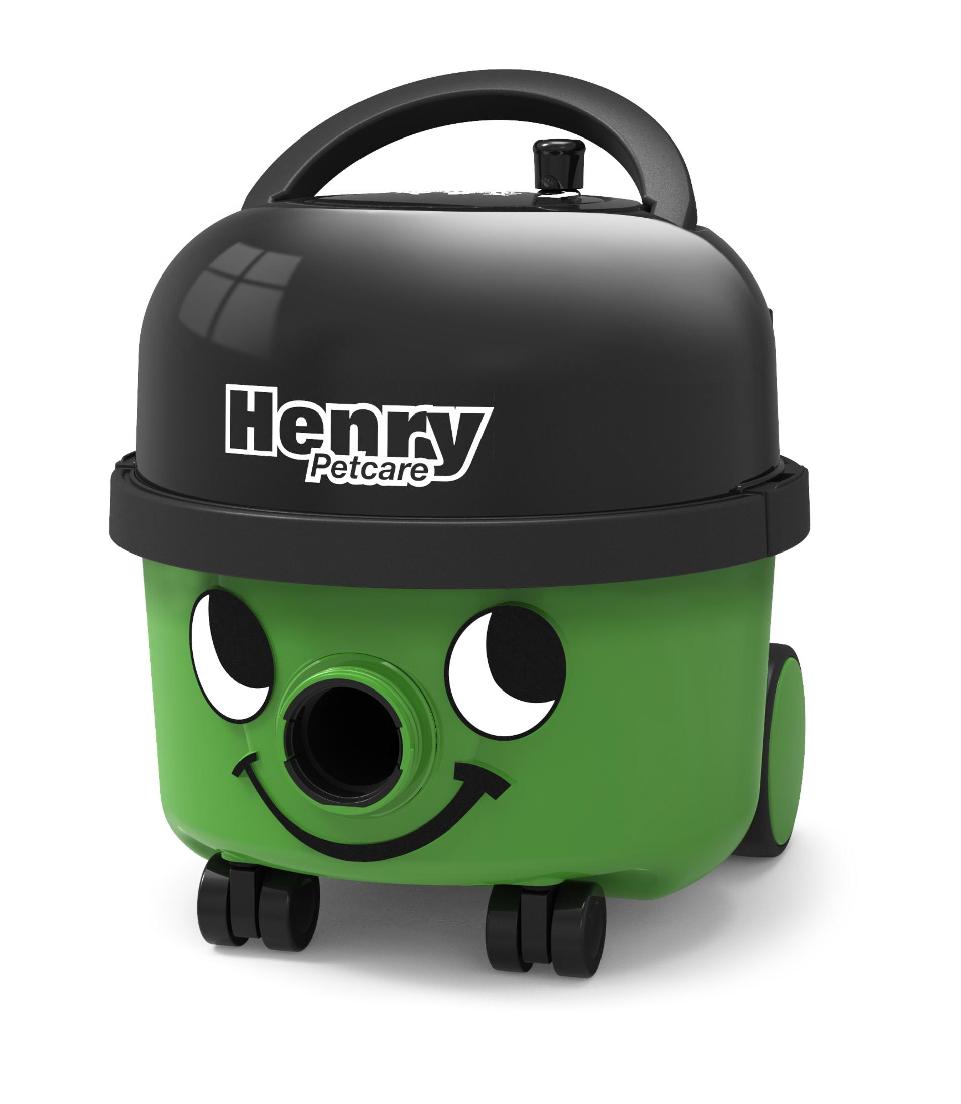 Zielony odkurzacz Henry Petcare z czarnym topem i uchwytem, na białym tle.