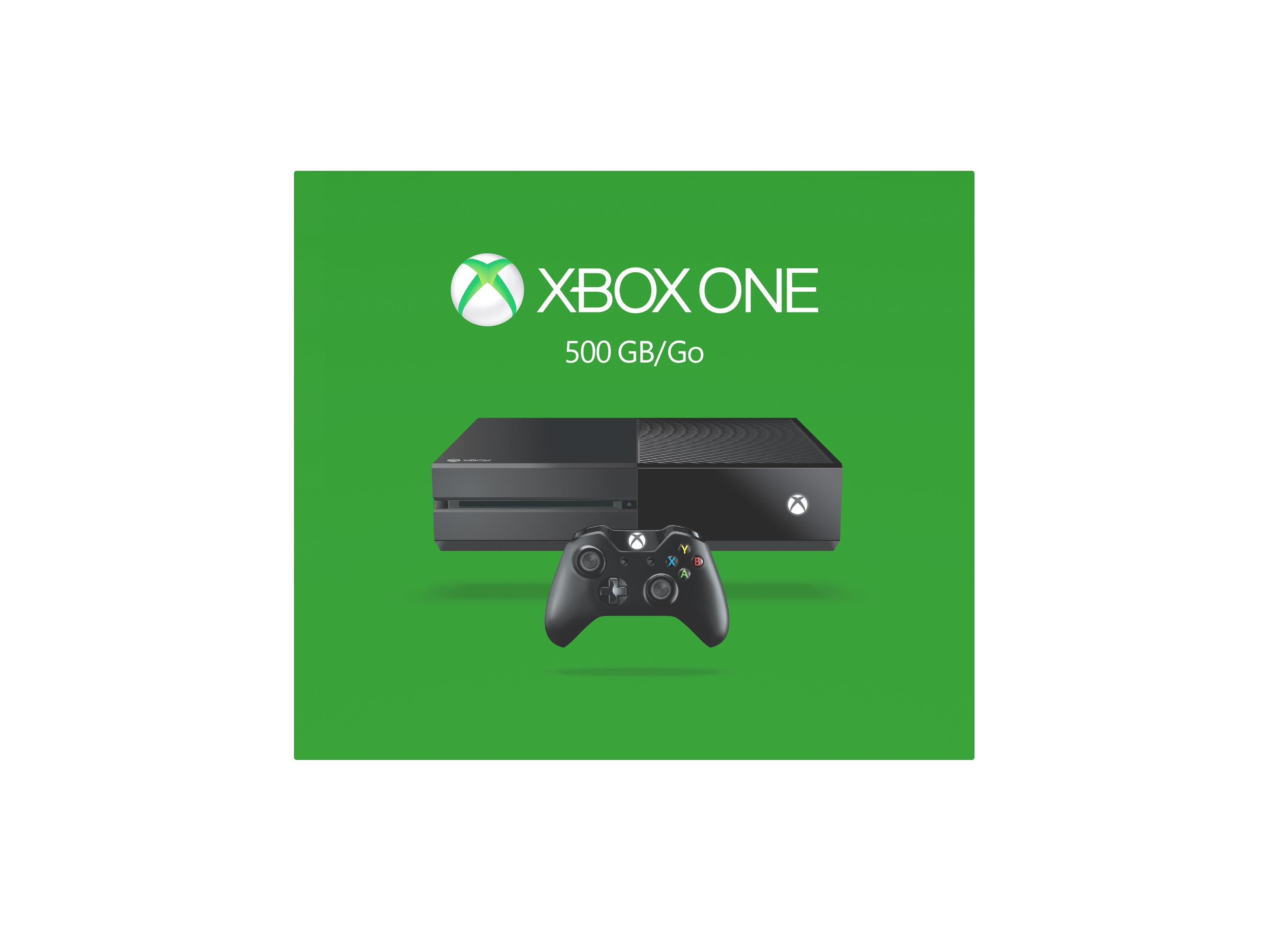 Xbox One-Konsolenbox, grün mit Konsole und Controller darin, auf weißem Hintergrund.