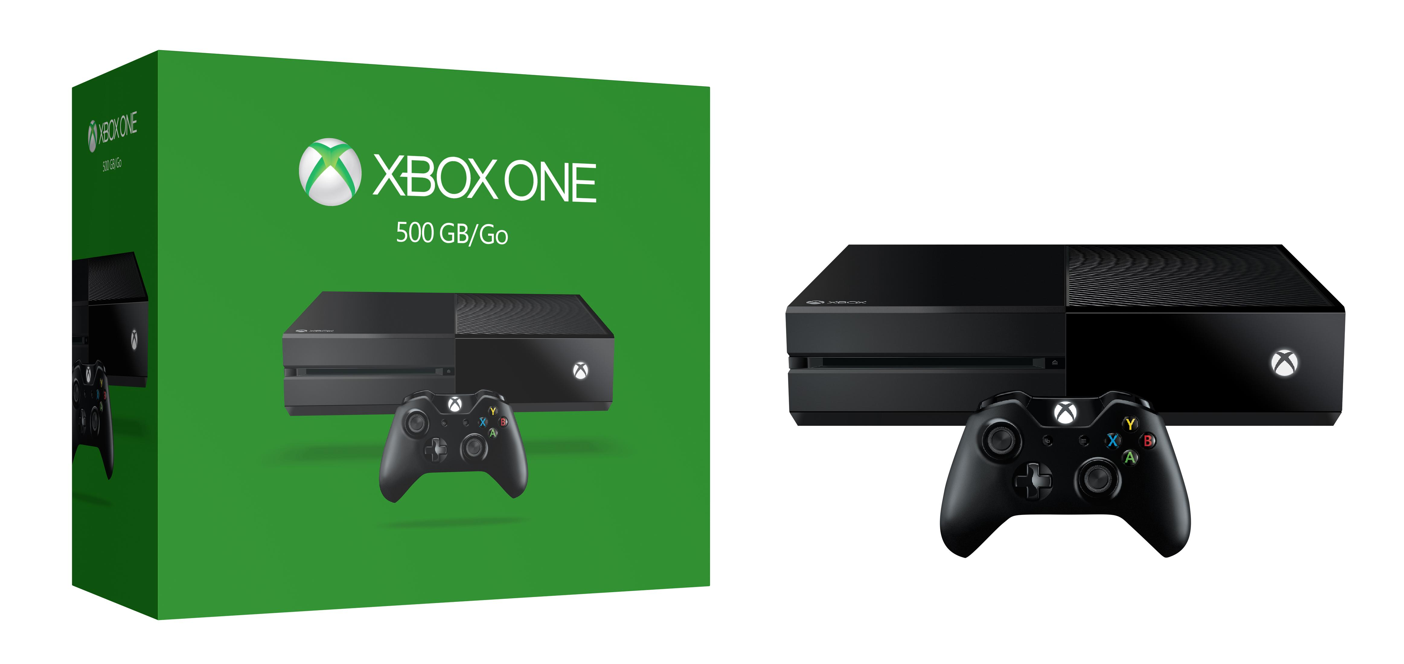 Xbox One Konsole und Controller auf weißem Hintergrund. Die Box ist grün mit dem Konsolenbild.