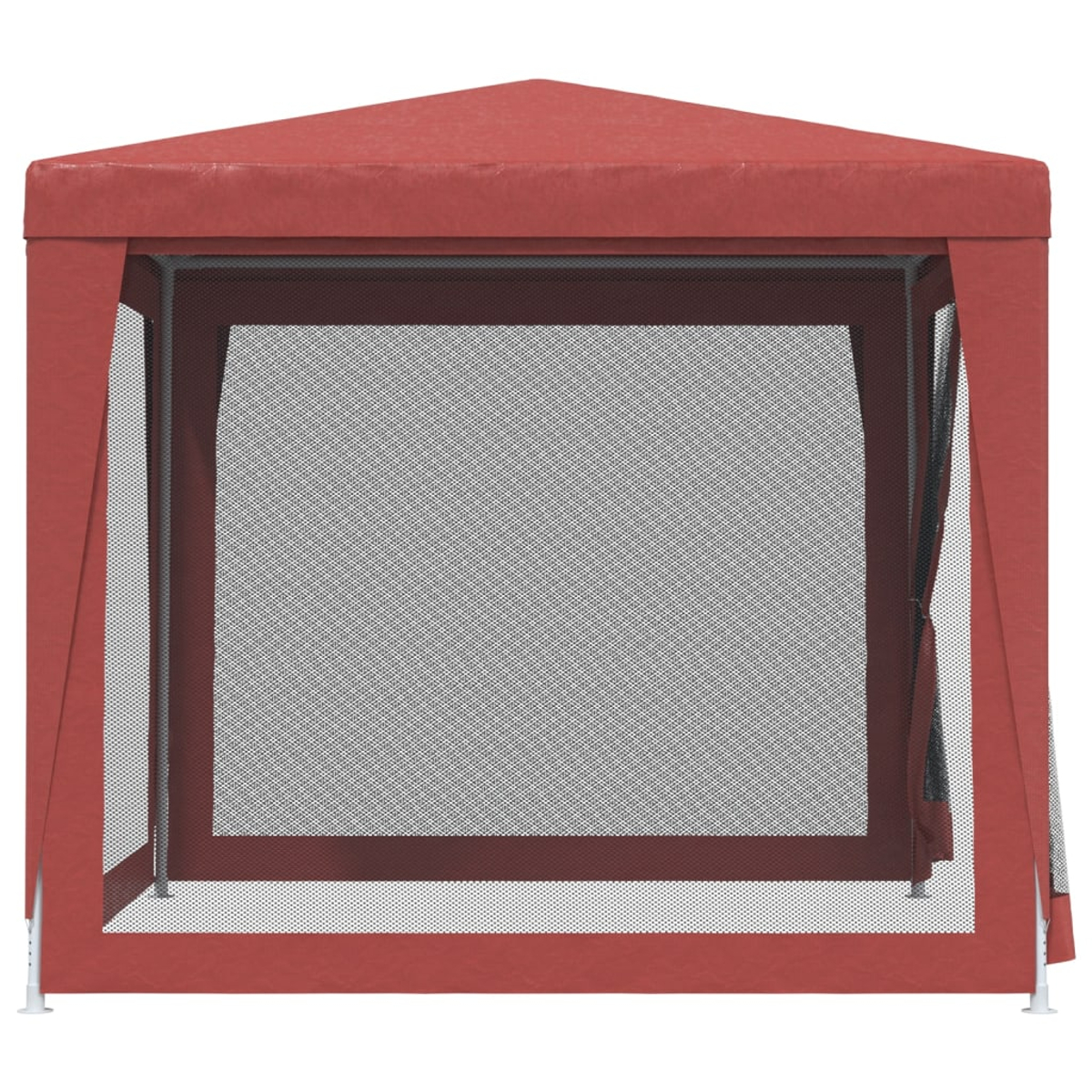 Roter Pavillon mit Netzseiten. Er hat ein dreieckiges Dach und weiße Beine.