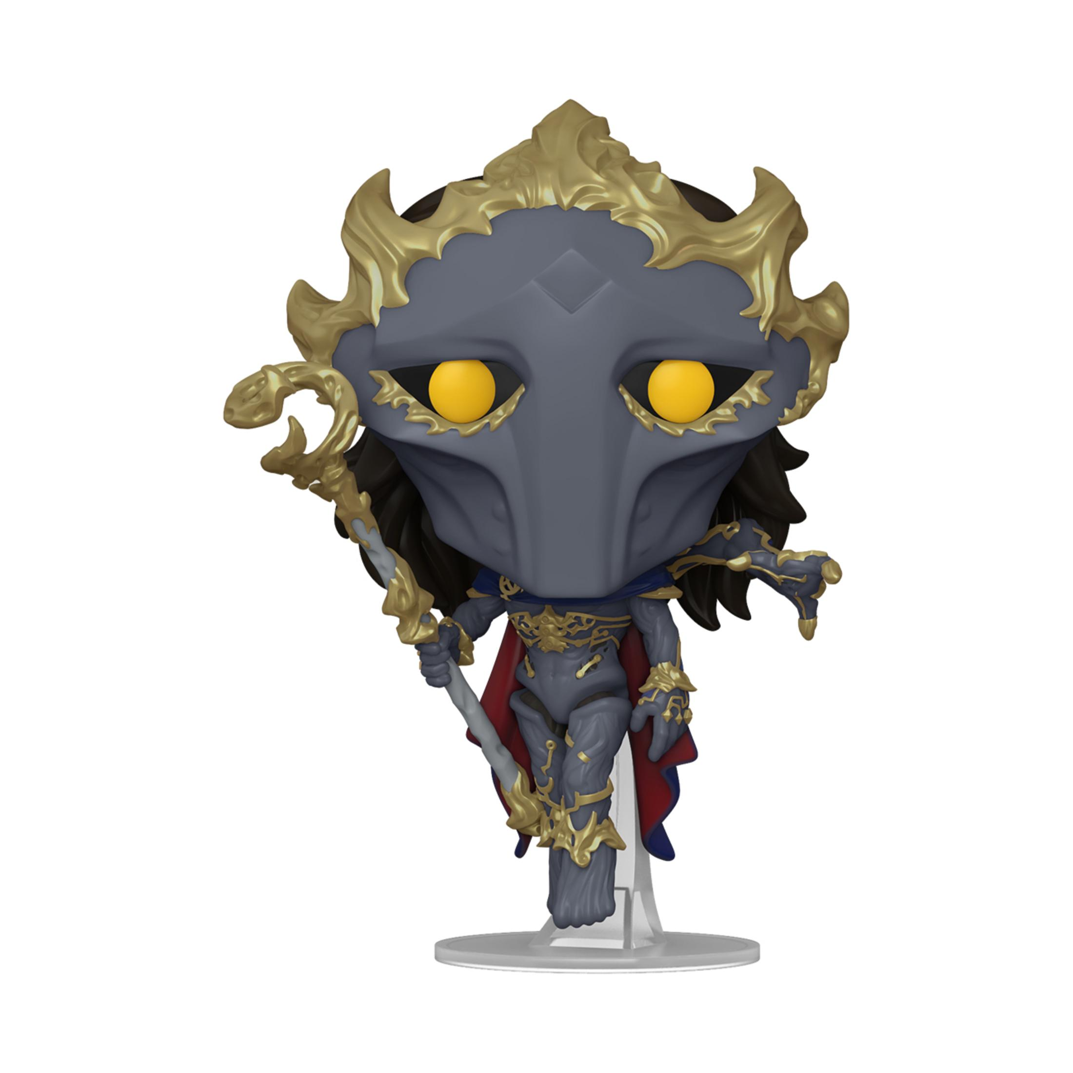 Una figura estilizada con rostro gris, corona y detalles dorados, y un bastón. Se apoya en una base transparente.