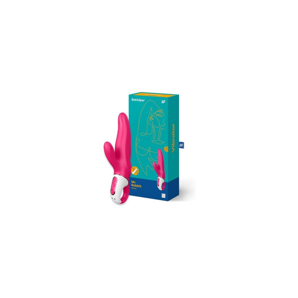Un juguete vibrador rosa con mango blanco y embalaje. Caja con fondo turquesa y la palabra Vibrator.