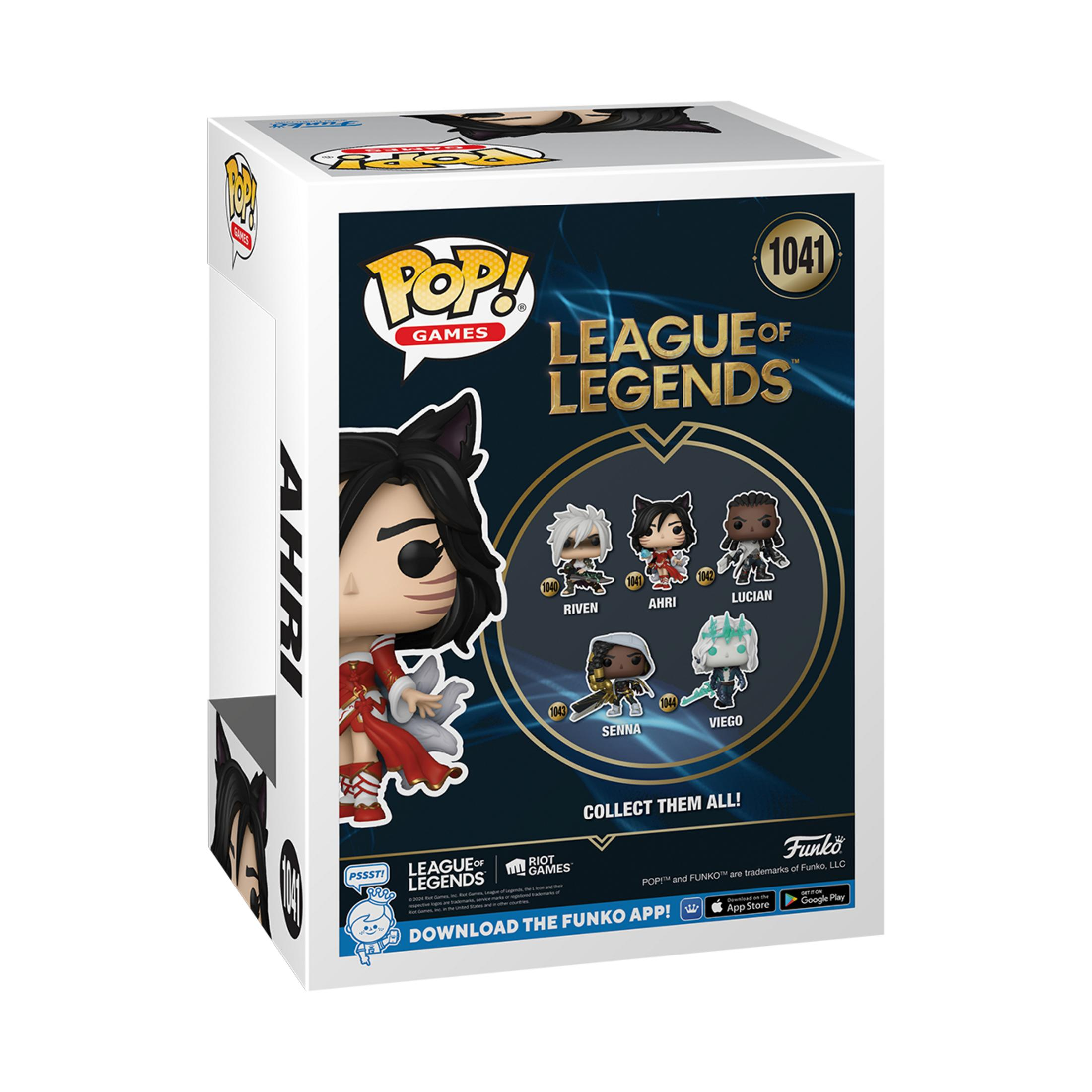 Pudełko z figurką Pop! Games League of Legends Ahri. Pudełko pokazuje różne postacie i logo Funko.