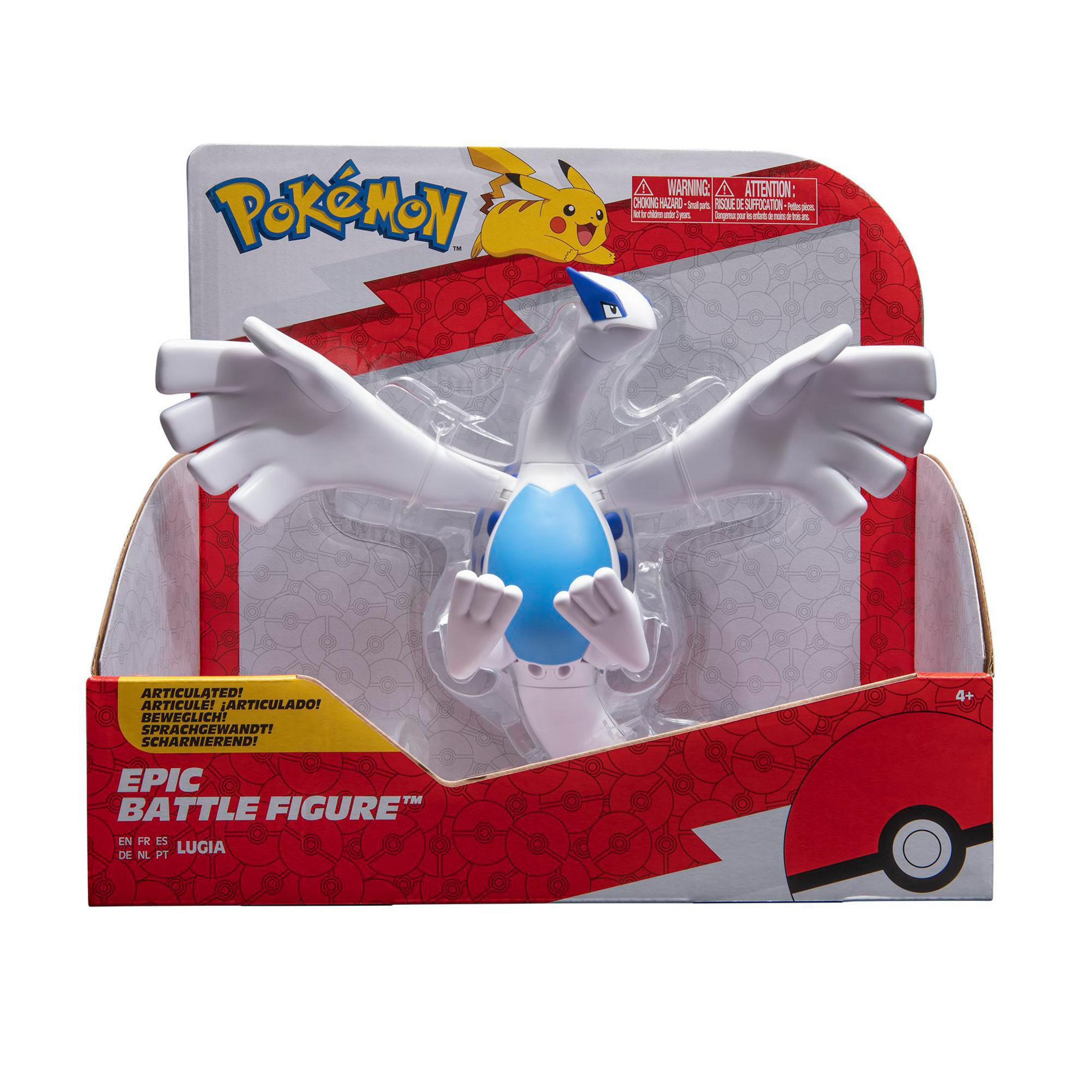 Pokemon Lugia Figur in Verpackung, mit weißen Flügeln und blauen Akzenten, auf weißem Hintergrund.