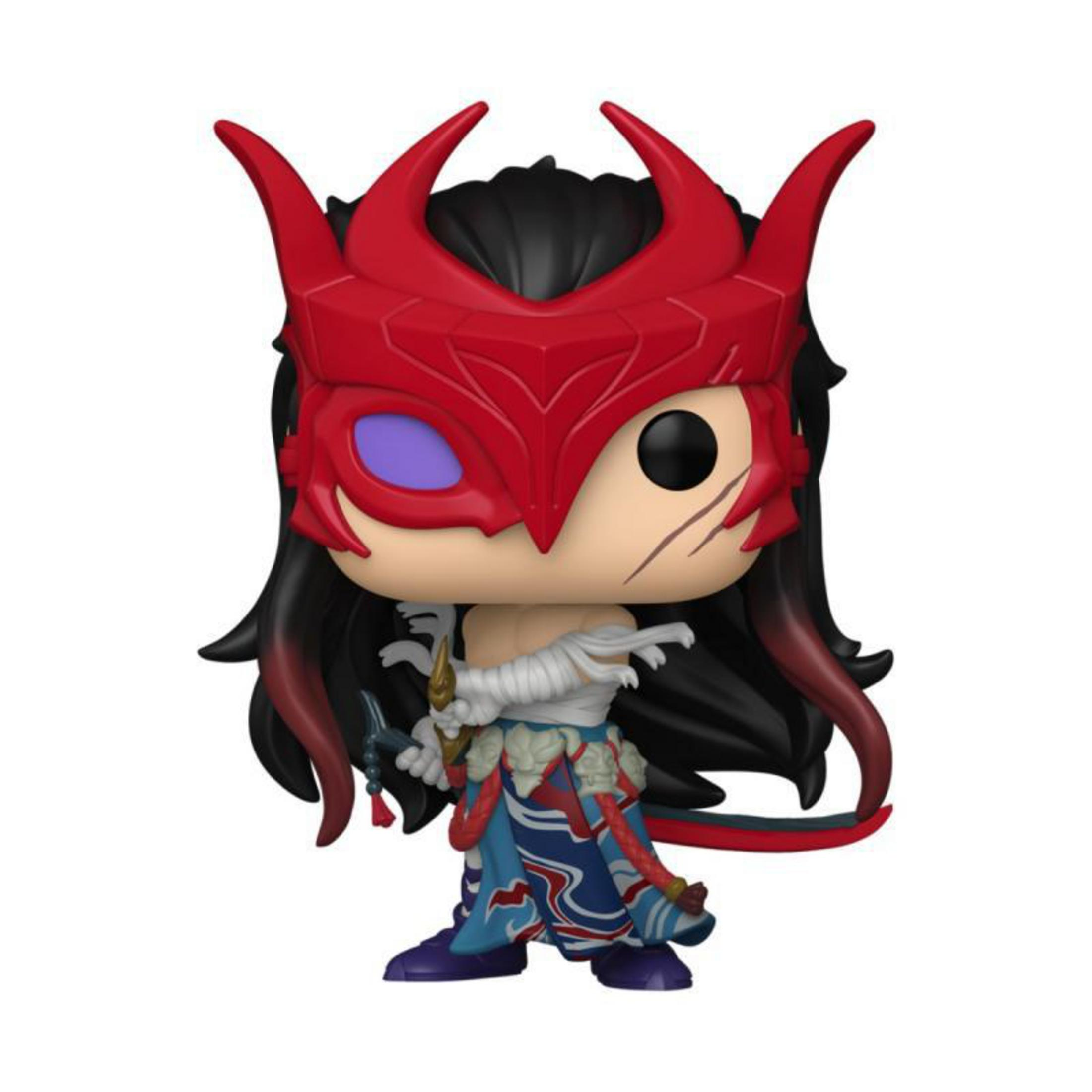 Funko Pop! Figur einer Figur mit roter Maske und langen Haaren. Die Figur hält eine Waffe.