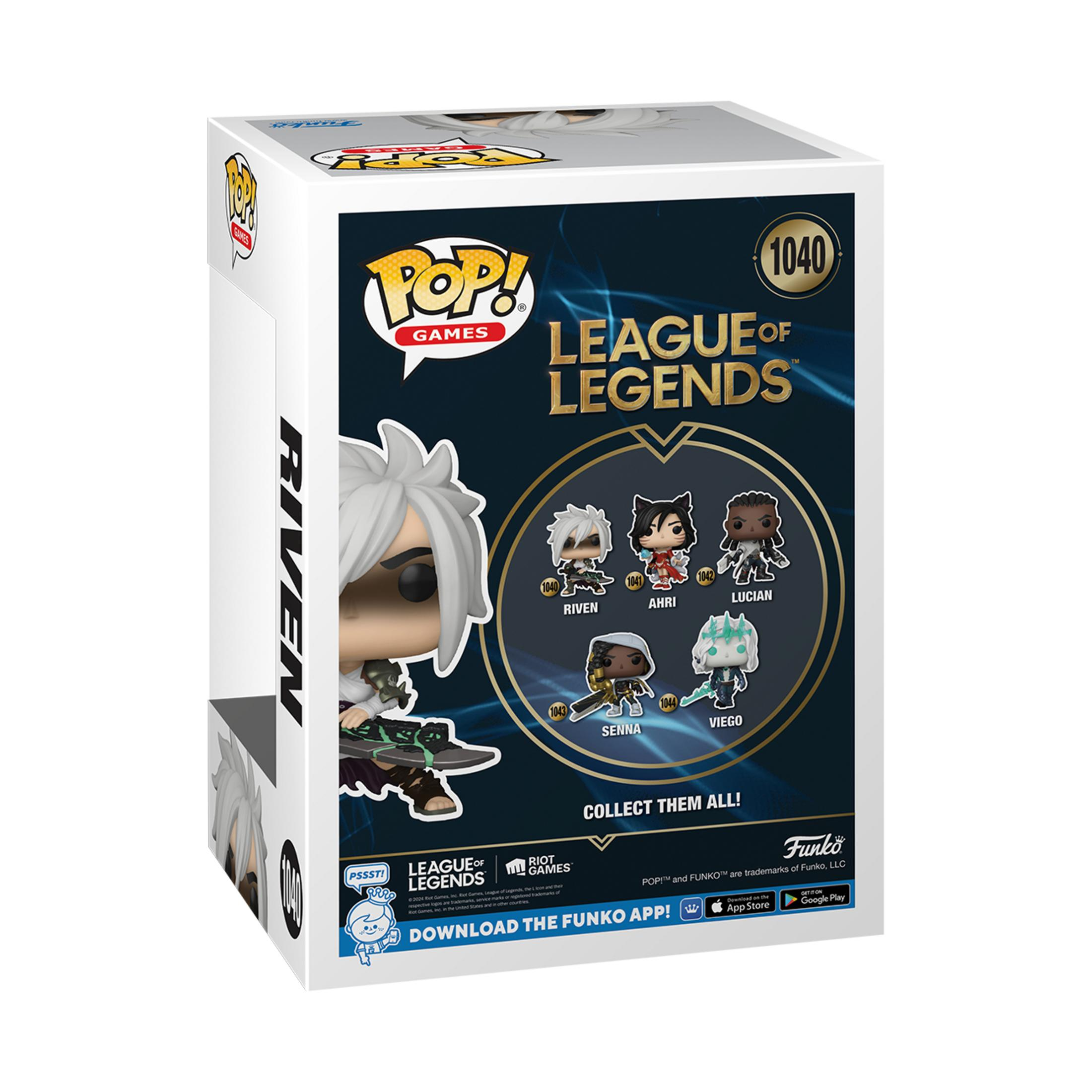 Tył pudełka Funko Pop. Pokazuje Riven i inne postacie z League of Legends.