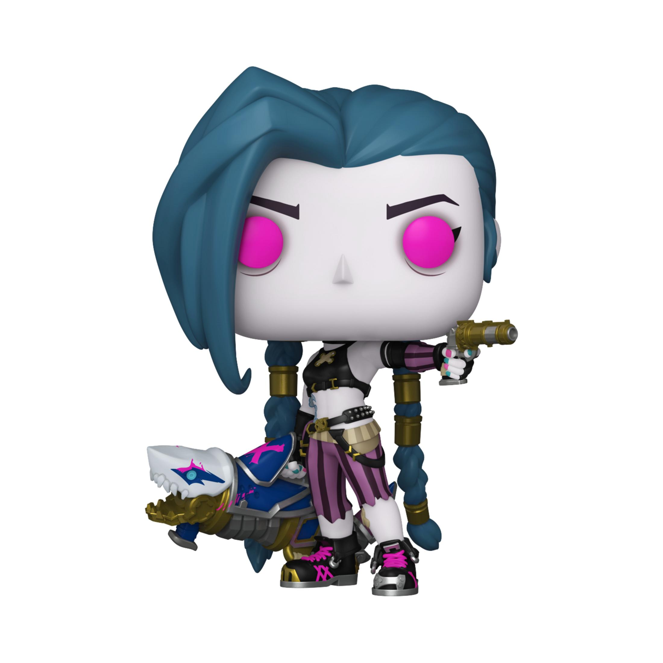 Figura Funko Pop! de Jinx, con coletas azules, sosteniendo una pistola y un arma con forma de tiburón.