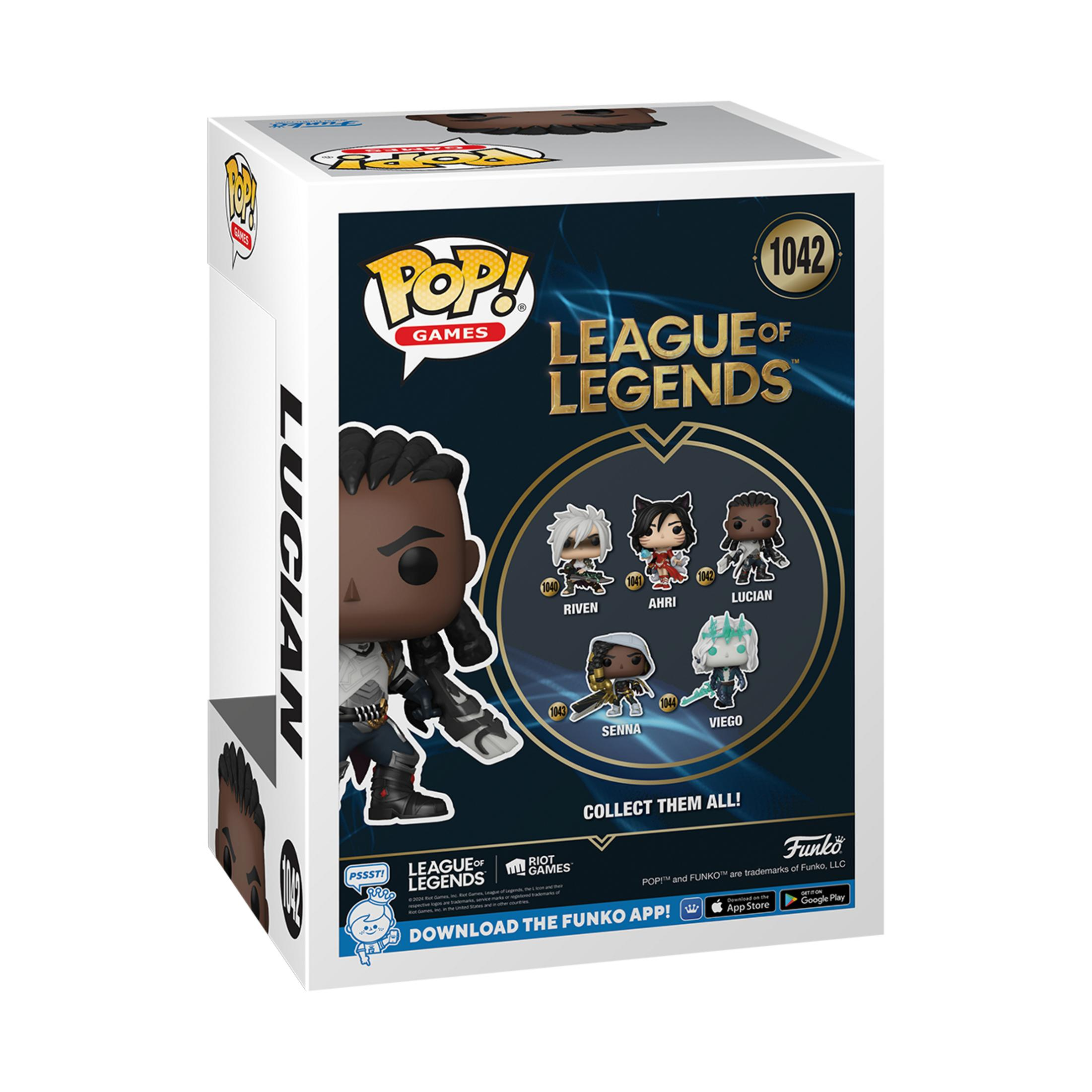 Tył pudełka Funko Pop. Pokazuje Luciana i inne postacie z League of Legends.
