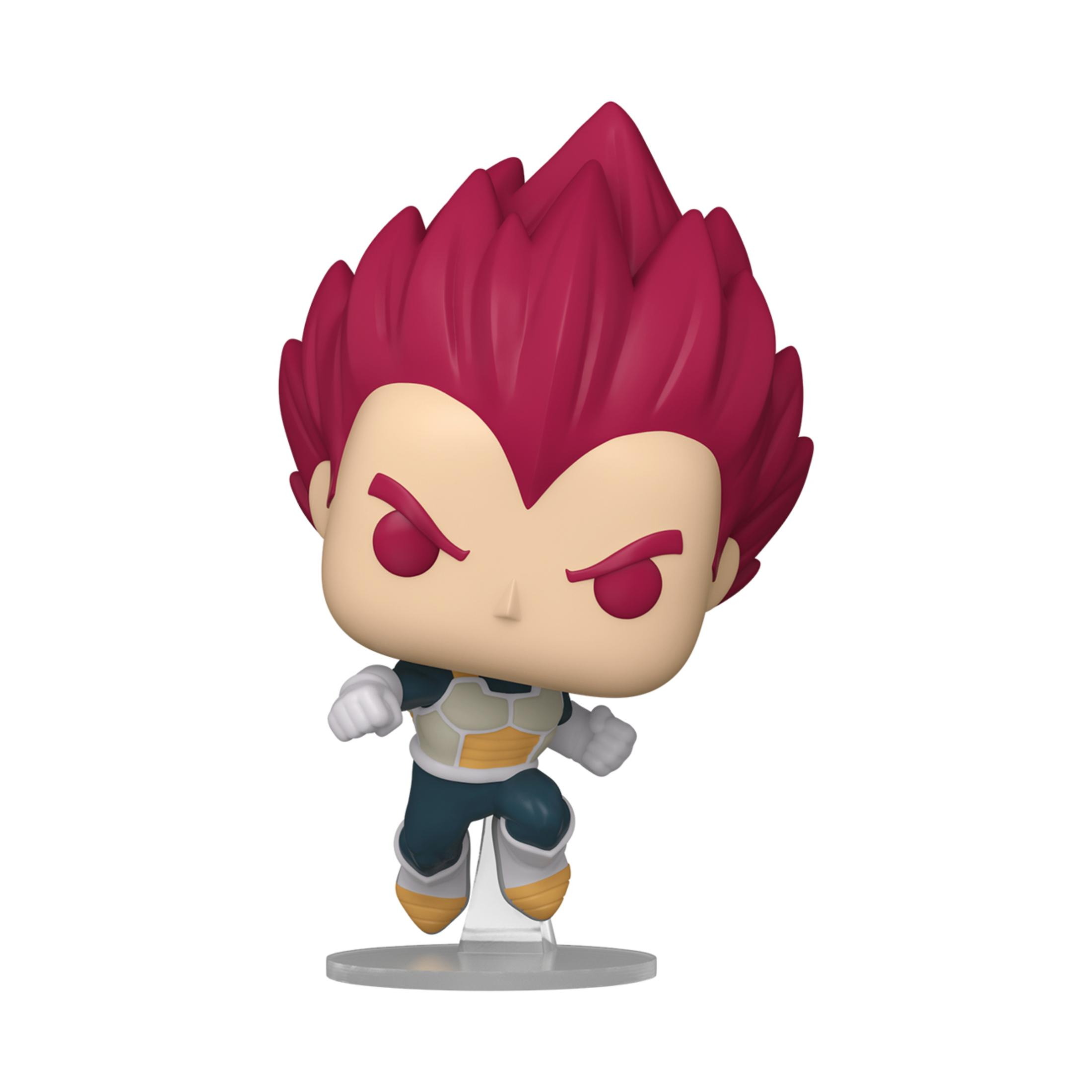 Funko Pop! Figur von Super Saiyan God Vegeta mit rotem Haar, in einer Flugpose.