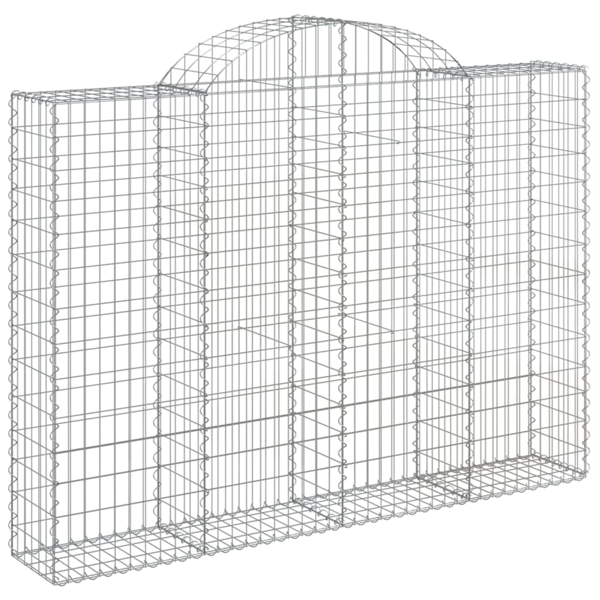 Ein Drahtzaun mit gewölbtem Oberteil. Der Zaun besteht aus silbernem Metall. Der Hintergrund ist eine weiße Wand.