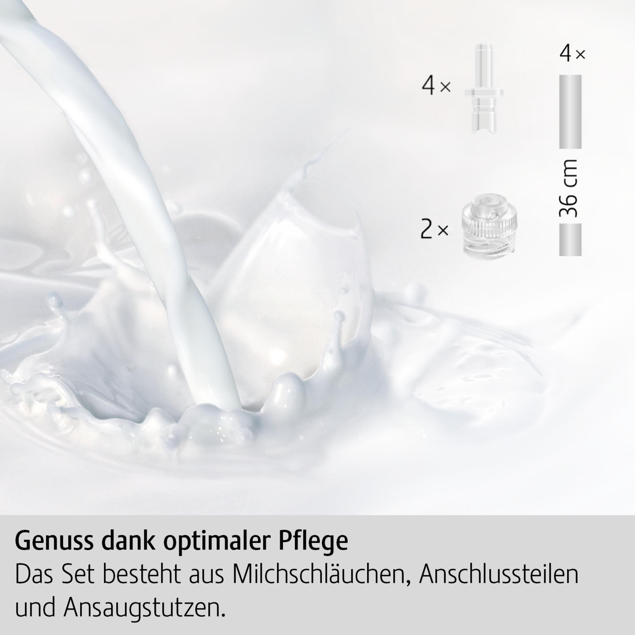 Milk splash with milk tubes and parts arranged on a white background.