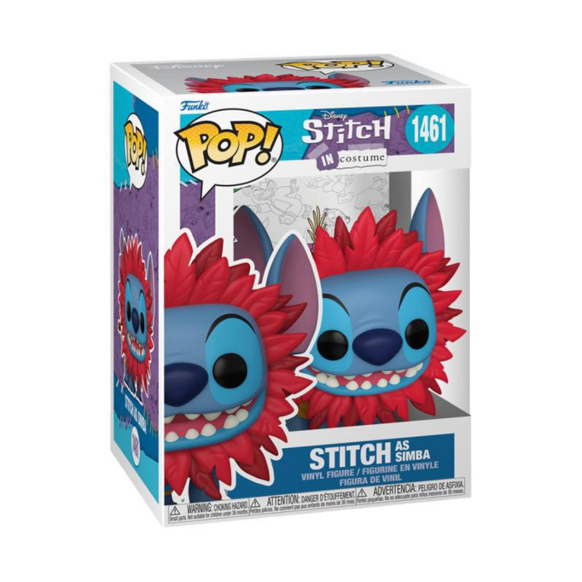 Stitch in costume Simba in scatola Funko Pop. La scatola ha Stitch con capelli rossi e una criniera da leone.