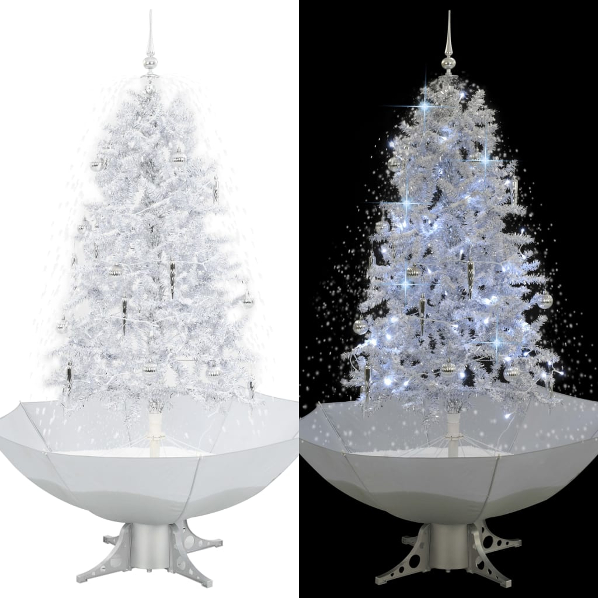Zwei weiße Weihnachtsbäume. Einer mit Lichtern, der andere ohne. Beide in weißer Schirmbasis.