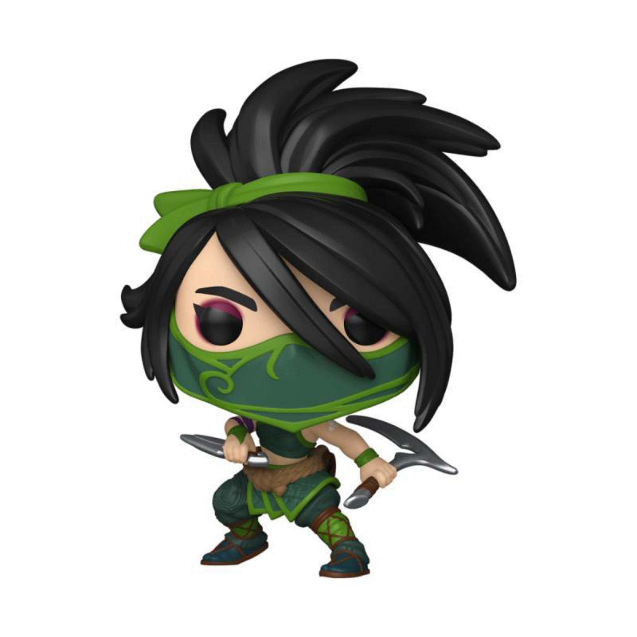 Eine Funko Pop Figur von Akali aus League of Legends, mit grünen Akzenten, hält Waffen.