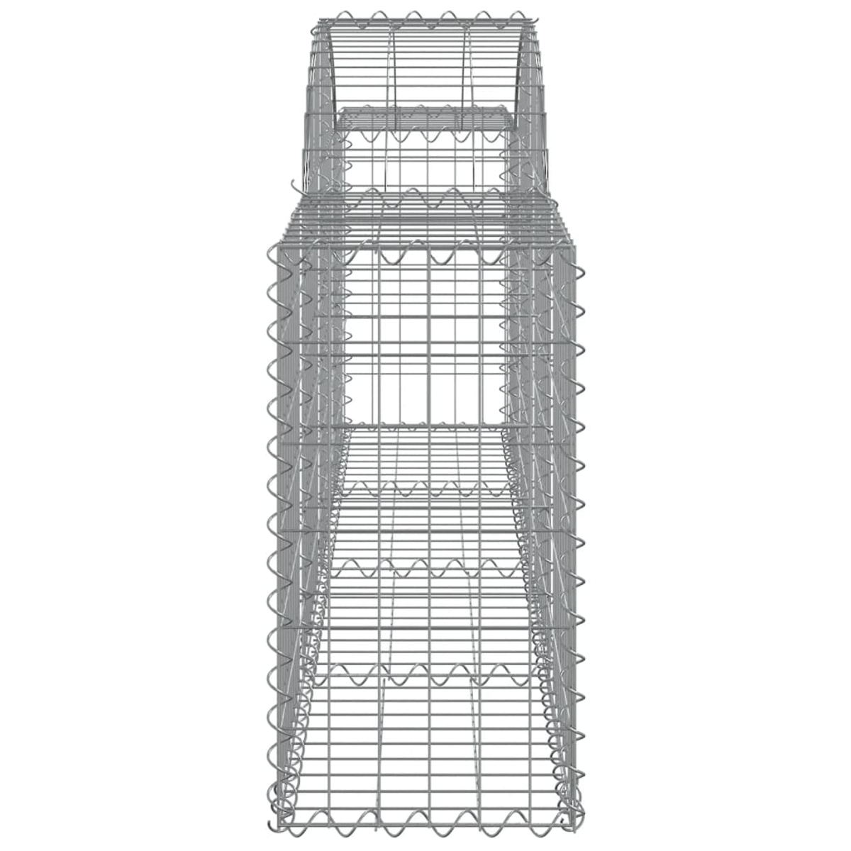 Ein hoher, rechteckiger Gabion aus Silberdraht. Er ist leer, mit offener Oberseite.