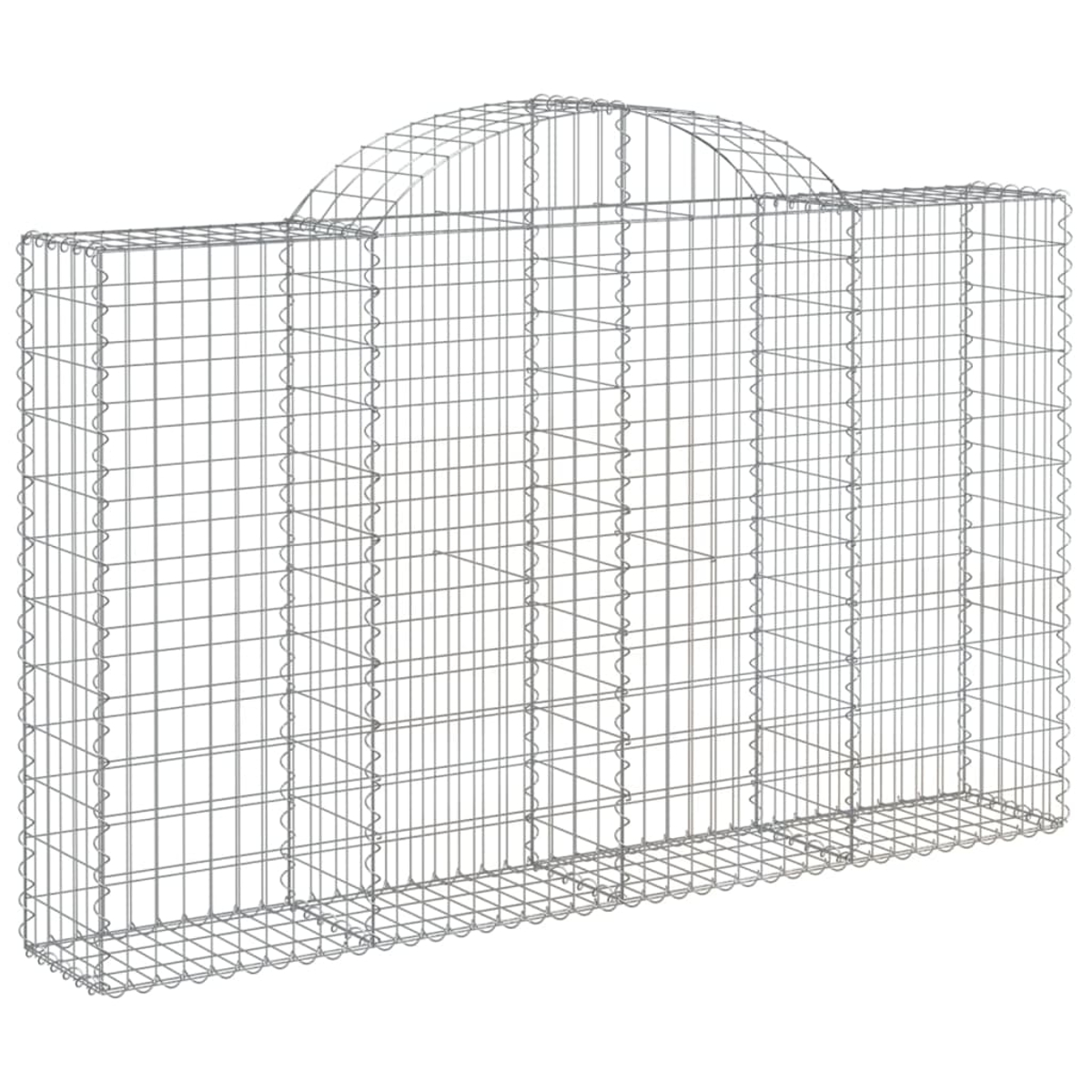 Ein Metallzaun mit gewölbtem Oberteil, der eine dekorative Gartenbegrenzung bildet.