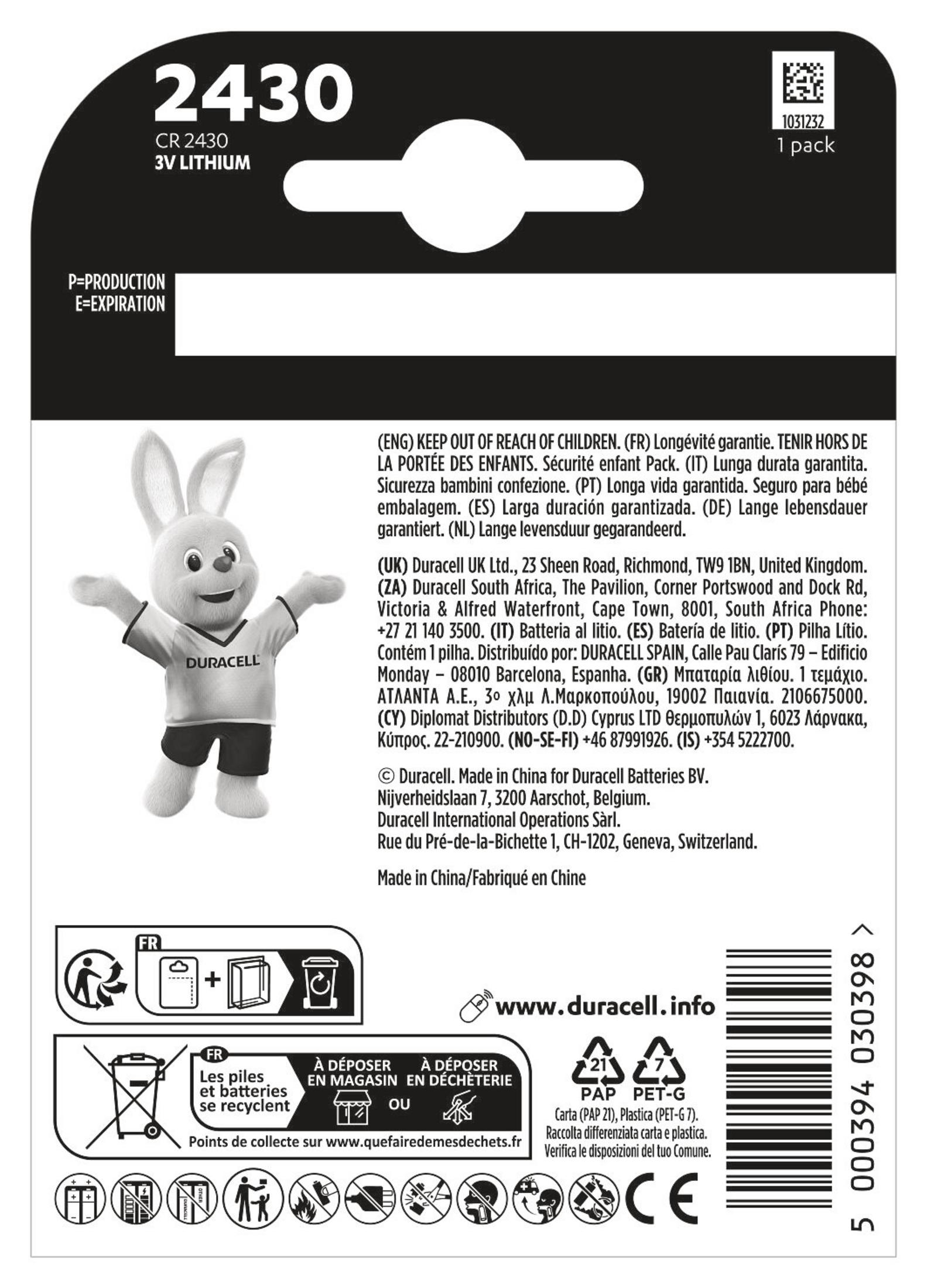 Duracell CR2430 batterijverpakking. Witte achtergrond. Toont batterijdetails, Duracell-logo en recyclinginformatie.