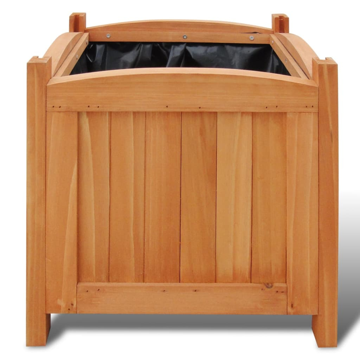 Holzpflanzkasten mit schwarzem Innenfutter, zeigt die Innenseite, auf weißem Hintergrund.