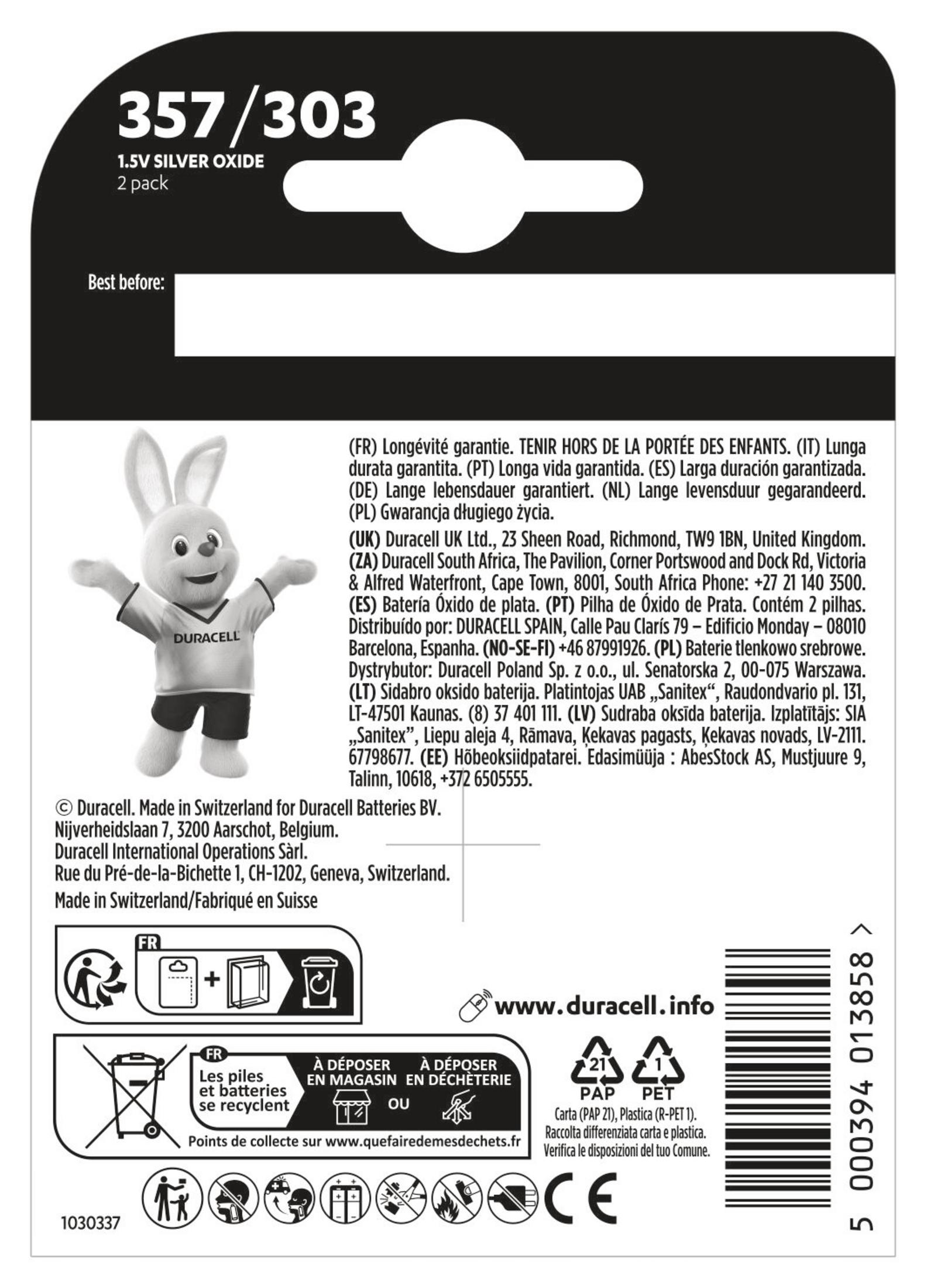 Tył opakowania baterii Duracell 1,5V tlenku srebra. Wyświetlany jest tekst i królik Duracell.