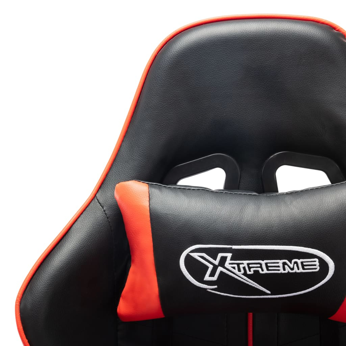 Nahaufnahme der Kopfstütze eines schwarzen und roten Gaming-Stuhls mit dem Wort 'XTREME'.