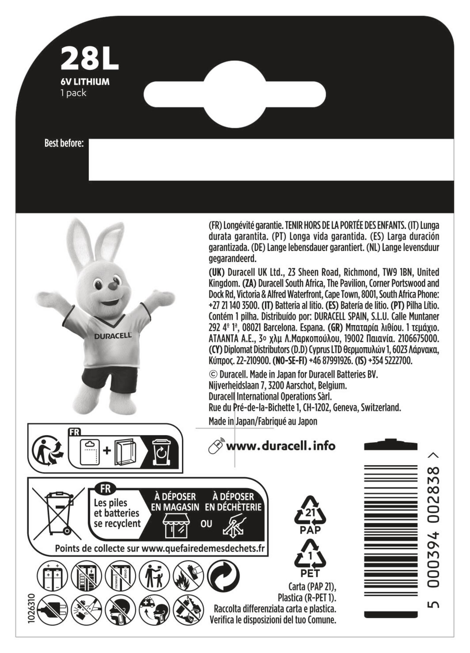 Tył opakowania baterii Duracell Lithium 28L. Pokazuje tekst, królika i symbole recyklingu.