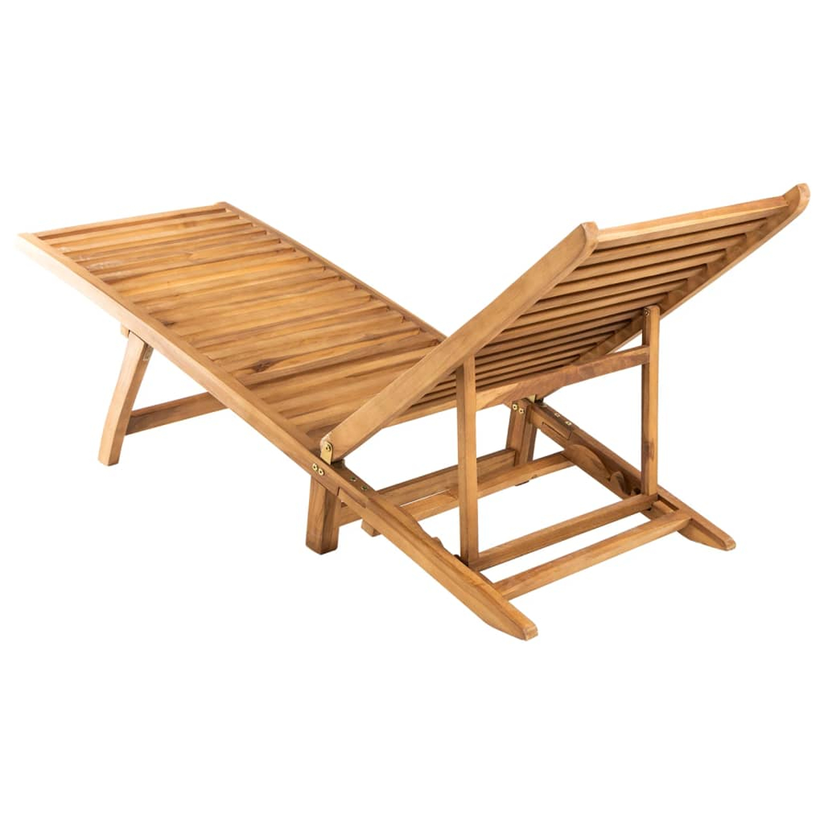 Verstellbare Holz-Sonnenliege, braune Farbe, Lamellen, abgewinkelte Rückenlehne. Weißer Hintergrund.