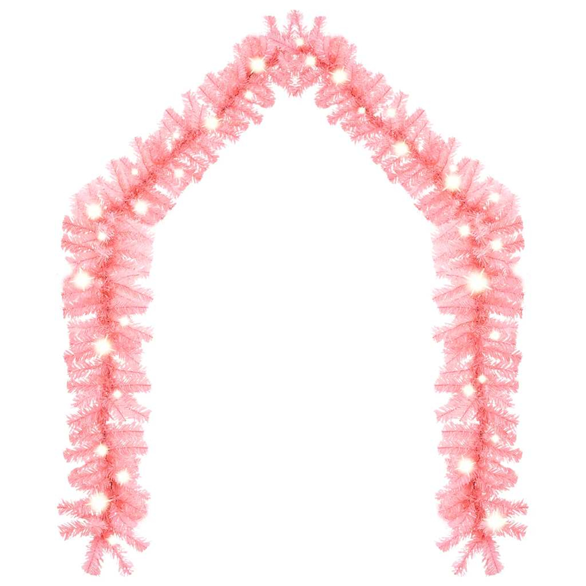 Pinke, beleuchtete, bogenförmige Girlande, weißer Hintergrund. Eingebettete Lichter. Dekorationsartikel.