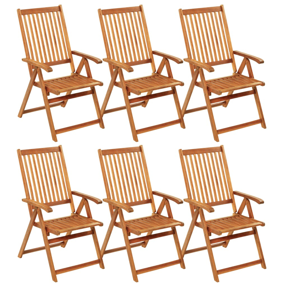 Sechs Holz-Klappstühle, braune Farbe, Lamellen auf Rücken und Sitz. Weißer Hintergrund.