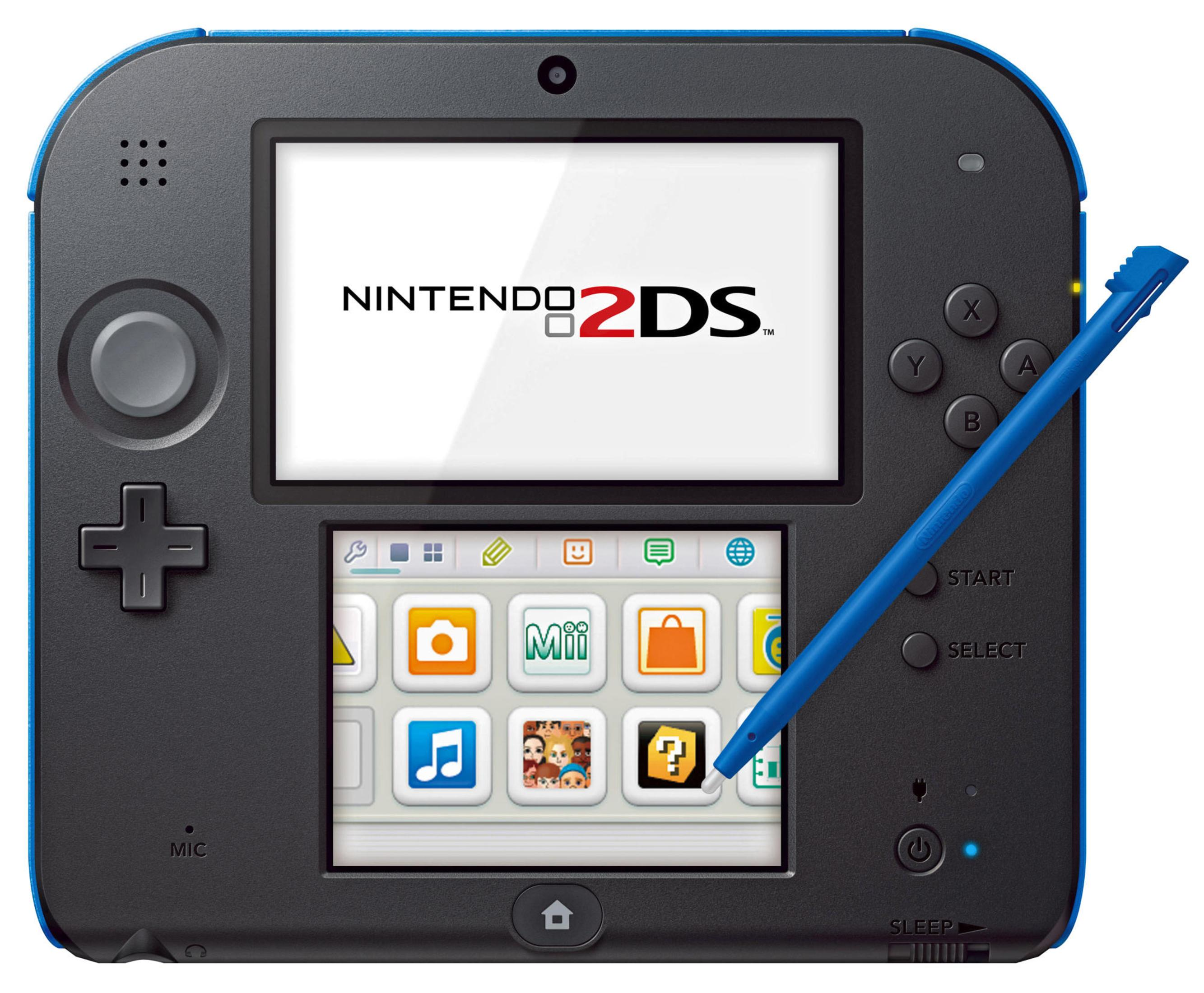 Eine schwarz-blaue Nintendo 2DS Handheld-Konsole mit Stift. Weißer Hintergrund.